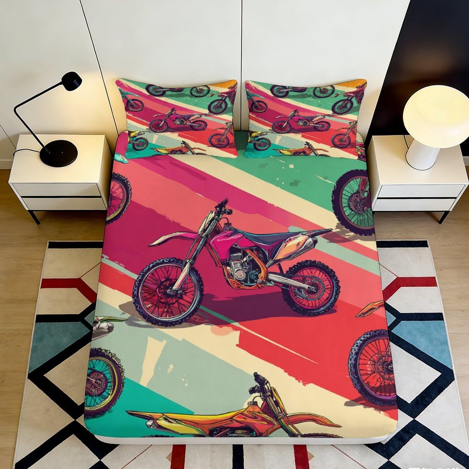 3D Printed Motocross Racing Fitted Sheet Microfiber Soft Multicolor Dirt Bike Bed Cover for Bedroom Guestroom Mattress Protection 90x200x25cm