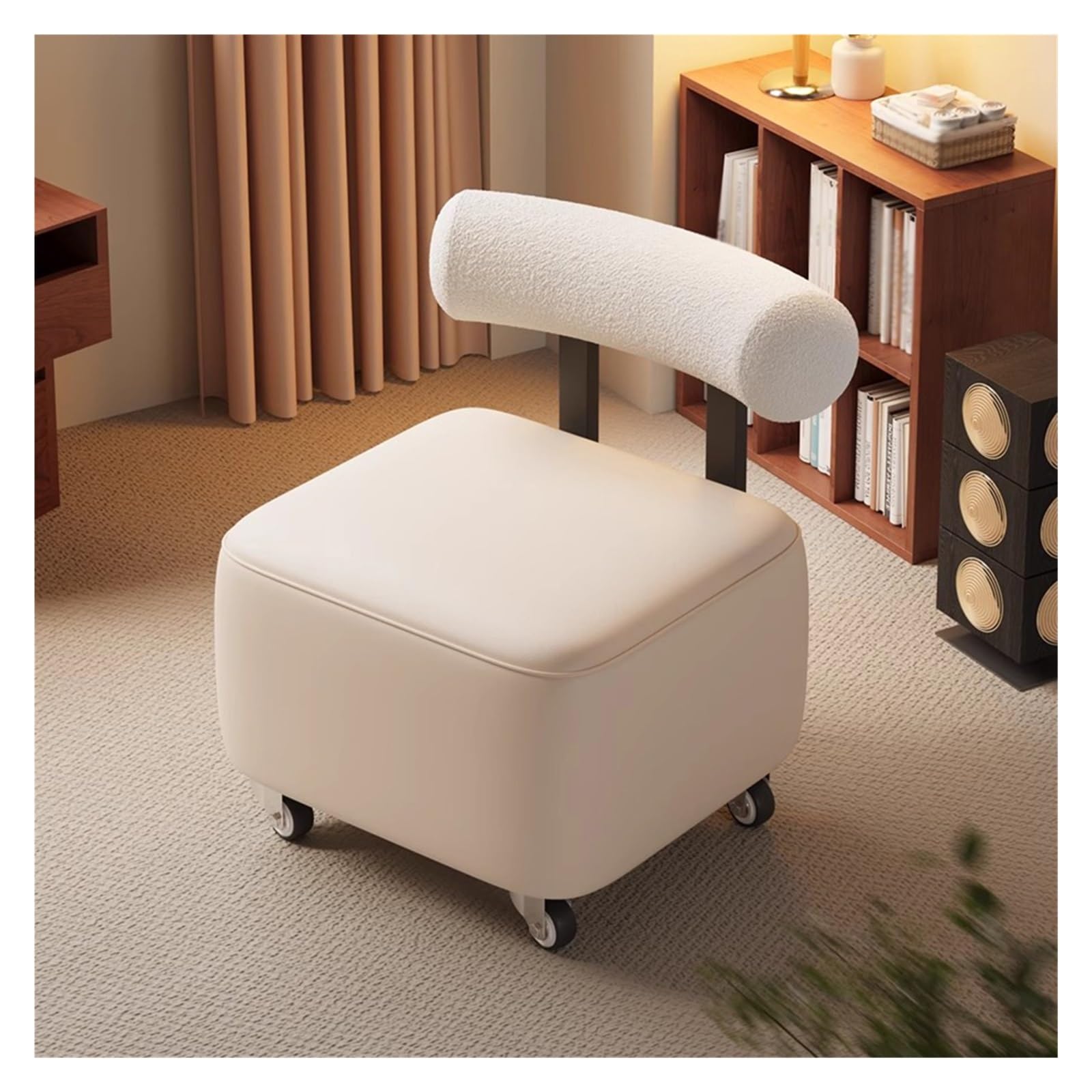 WDSOPK Leather Rolling Stool with Wheels,Portable Vanity Chair Mini Shoe Stools,Comfortable Ergonomic Pulley Stools Chair with Backrest and Thick Padded Seat（Cream）