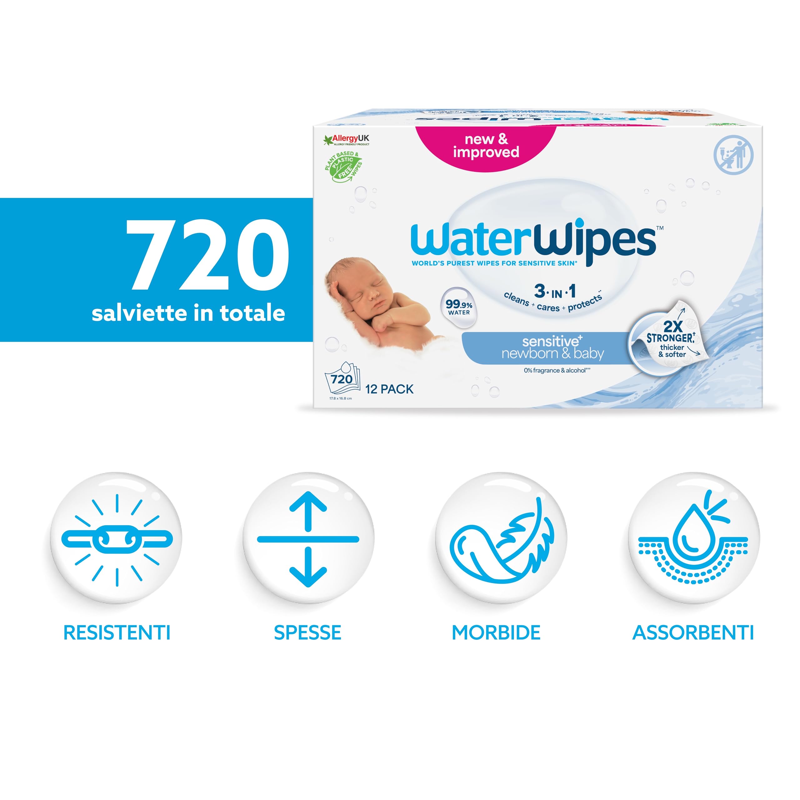 WaterWipes Sensitive+ Newborn & Baby Wipes, 720 Pezzi (12 Confezioni), Deterge, Cura, Protegge, 99,9% Acqua, Senza Profumo