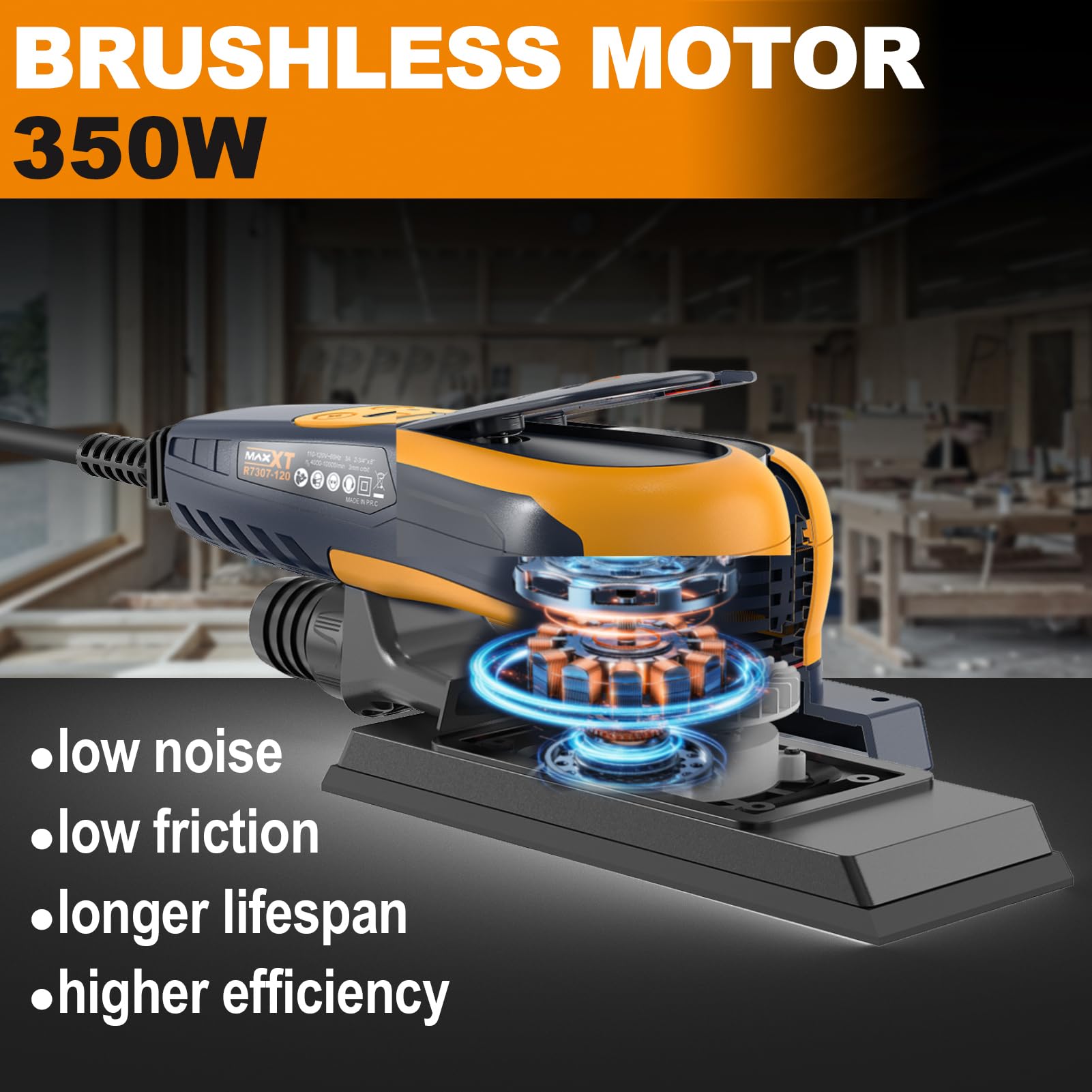 MAXXT Smerigliatrice elettrica senza spazzole 3.0 350W, velocità regolabile 4000-10000/Umin, freno automatico 2s, aspirazione automatica della polvere, superficie abrasiva 198x70mm, 10 fogli abrasivi