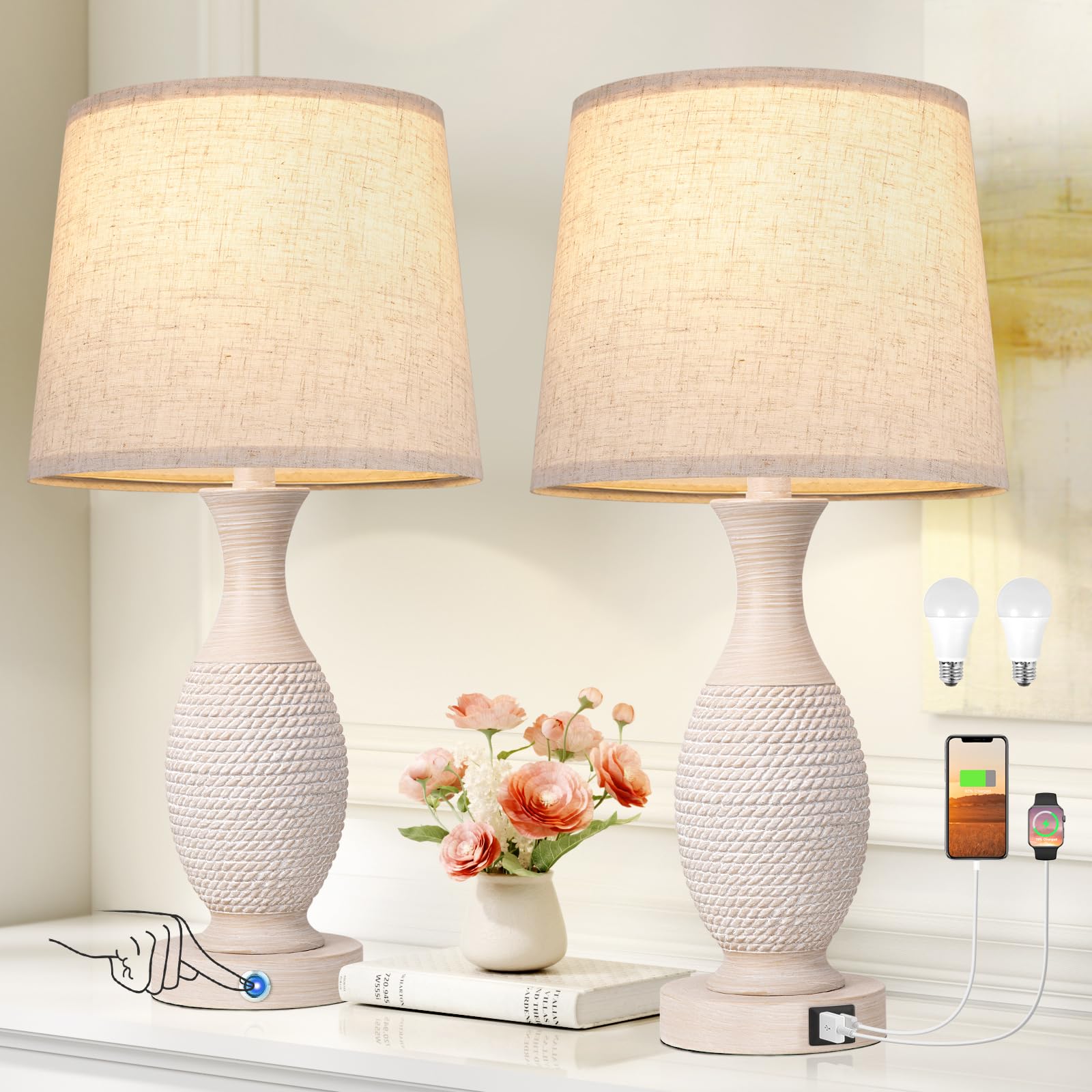 Seealle 22.6" Bedside Lamps Set of 2 with USB C+A - Dimmable Touch Lamps for Night Stands Bedroom Living Room End Table(Bulbs Included)