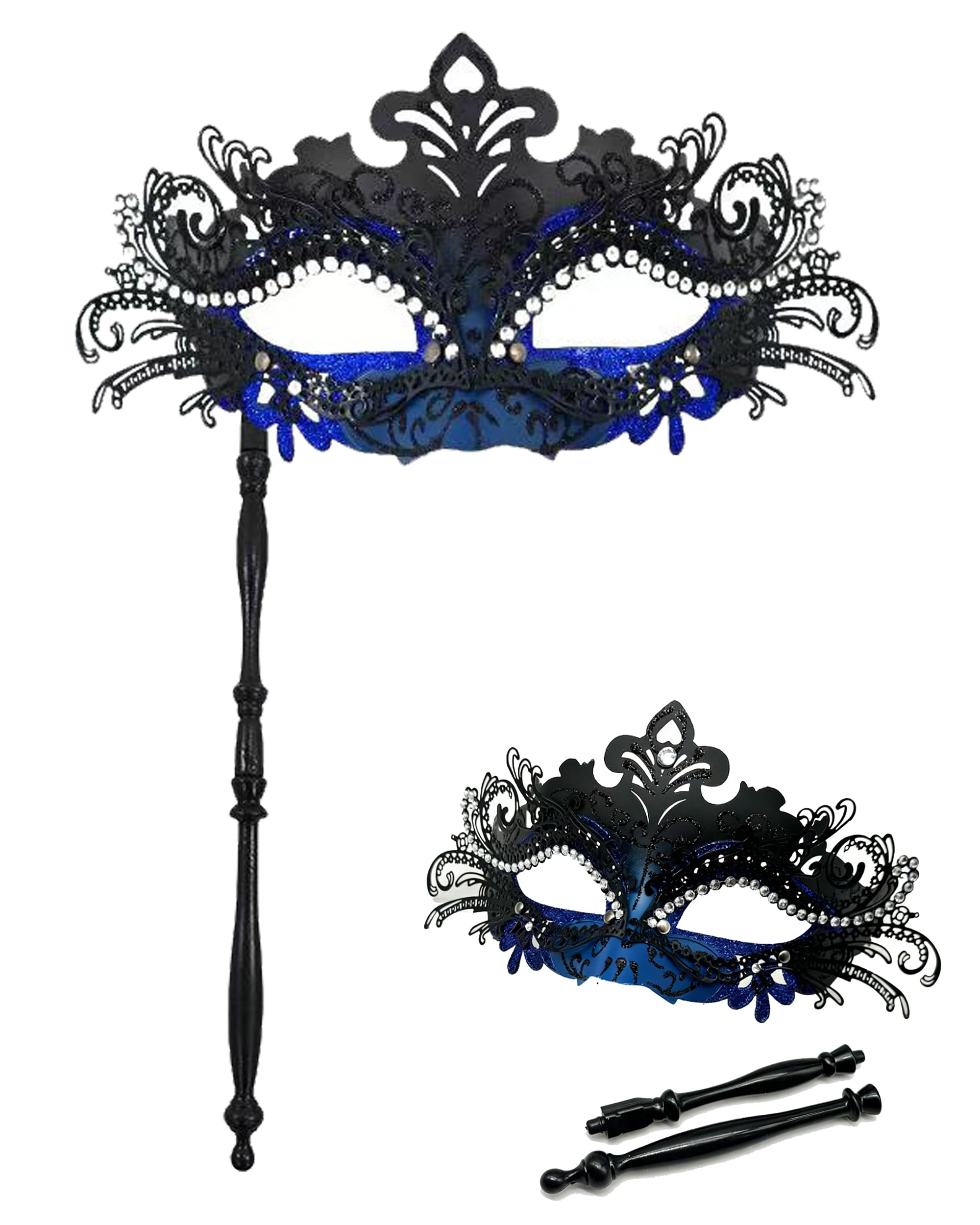 HeHeGe Masquerade Mask for Women with Stick Metal Shiny Rhinestone Venetian Mask Prom Mardi Gras Ball &Halloween Party (blue)