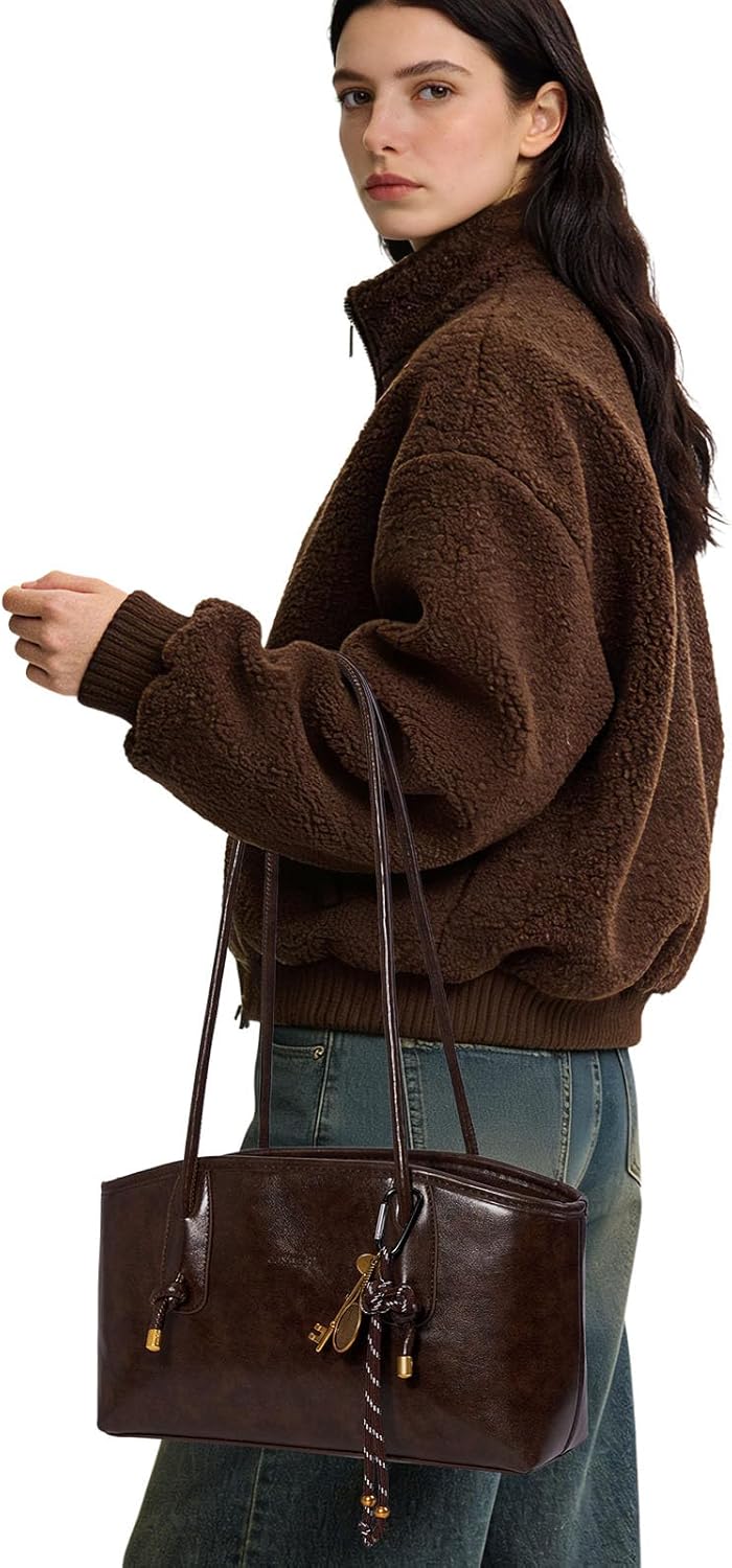Solid Color Shoulder Bag Retro Handbag Purse for Women Fall Bags Chocolate Brown Purse with Zipper - Image 3