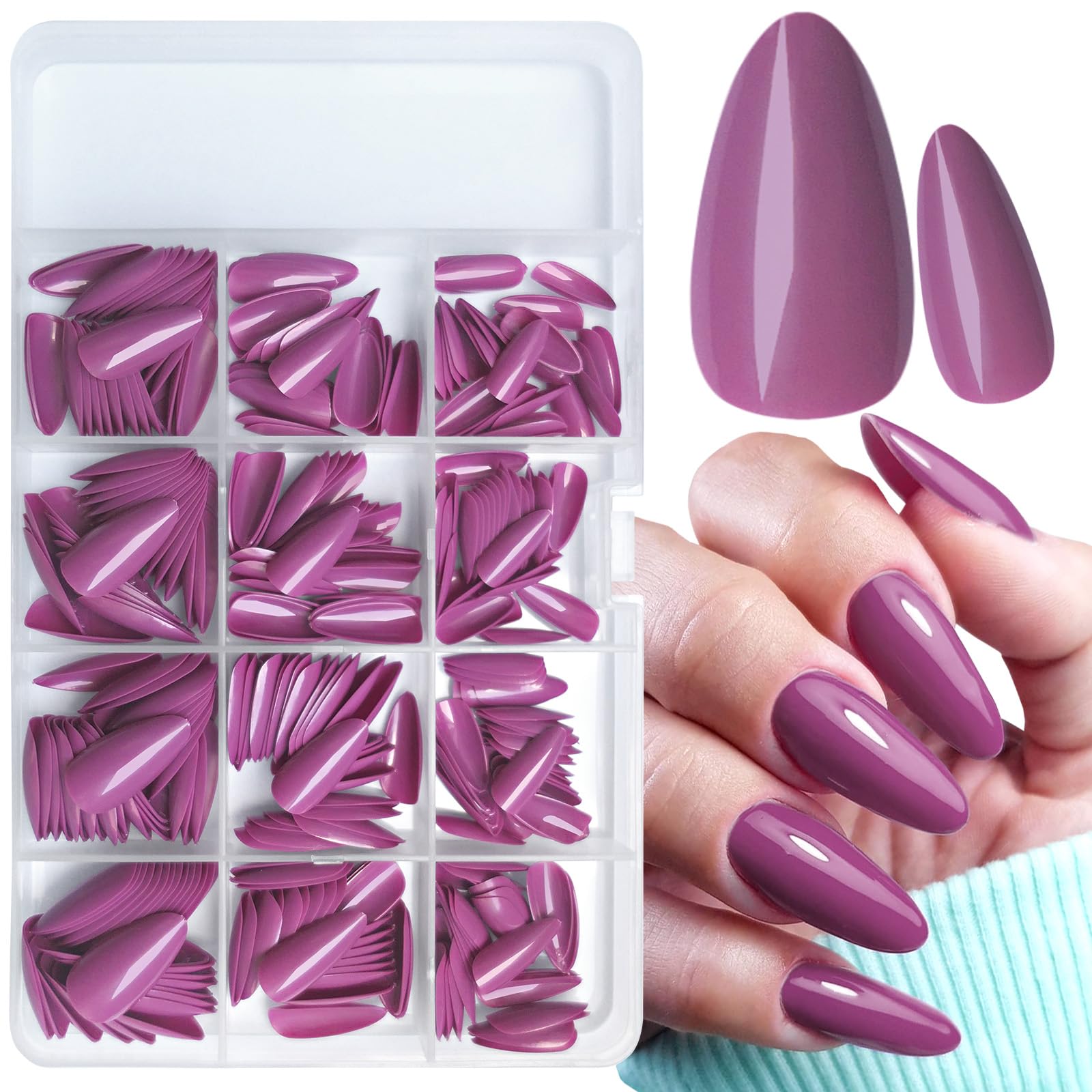 LoveOurHome 360pc Almond Press on Nails Medium Fake Nails Full Cover Almond Nail Tips Red Violet Fase Nail Colored Acrylic Nails Press ons Nail Almond