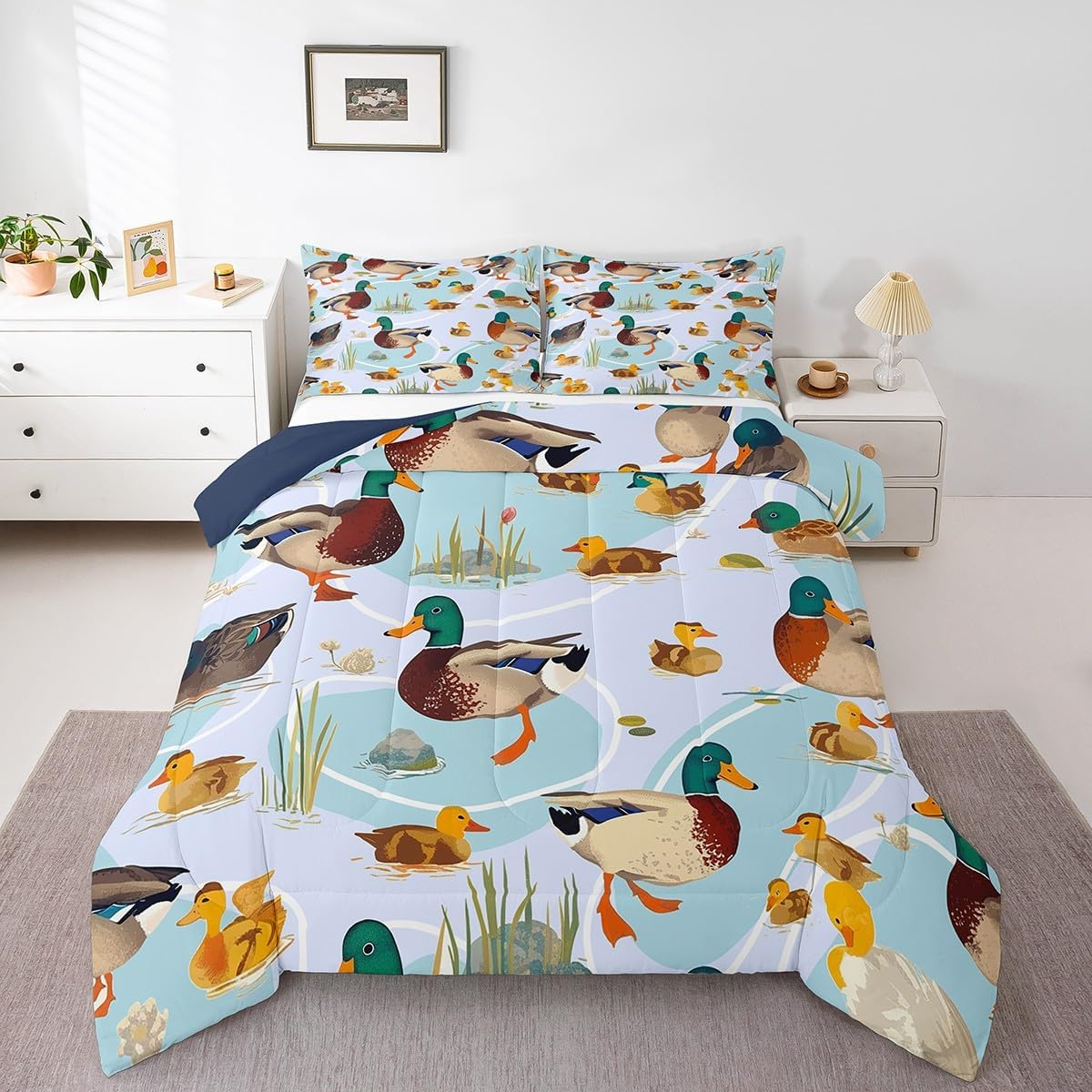 jejeloiu Cute Mallard Duck Comforter Set Full Size Kids Wild Duck Hunting Comforter for Boys Teens Hunting and Fishing 3D Wild Animal Bedding Set Green Duvet Set Room Decor Quilt Set