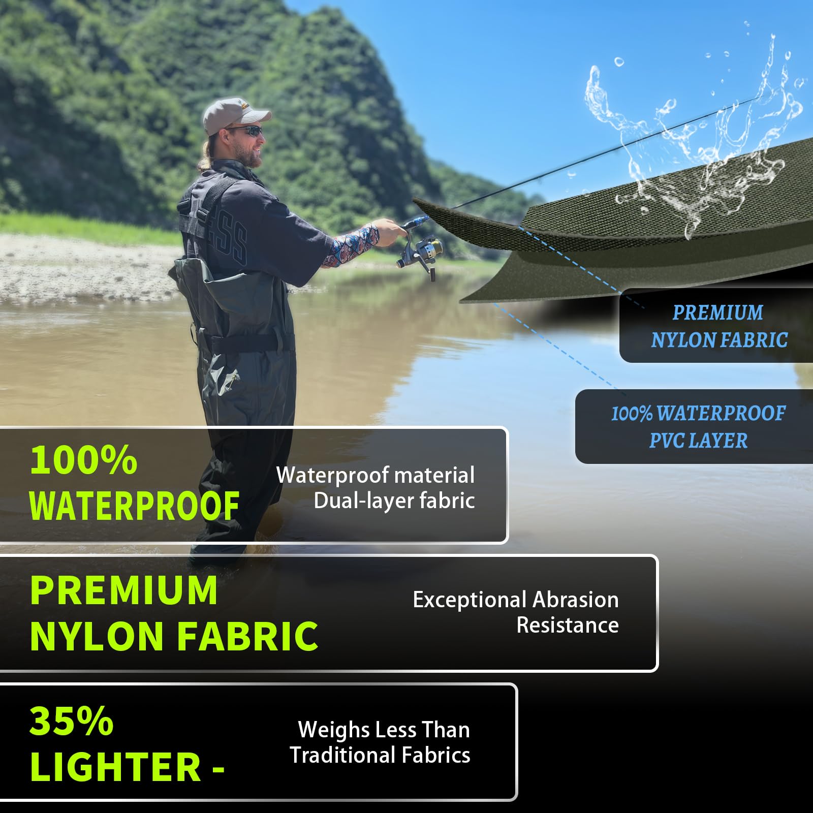 Chest Waders with Boots - Waterproof Lightweight 2-Ply Nylon/PVC for Men & Women Fishing & Hunting
