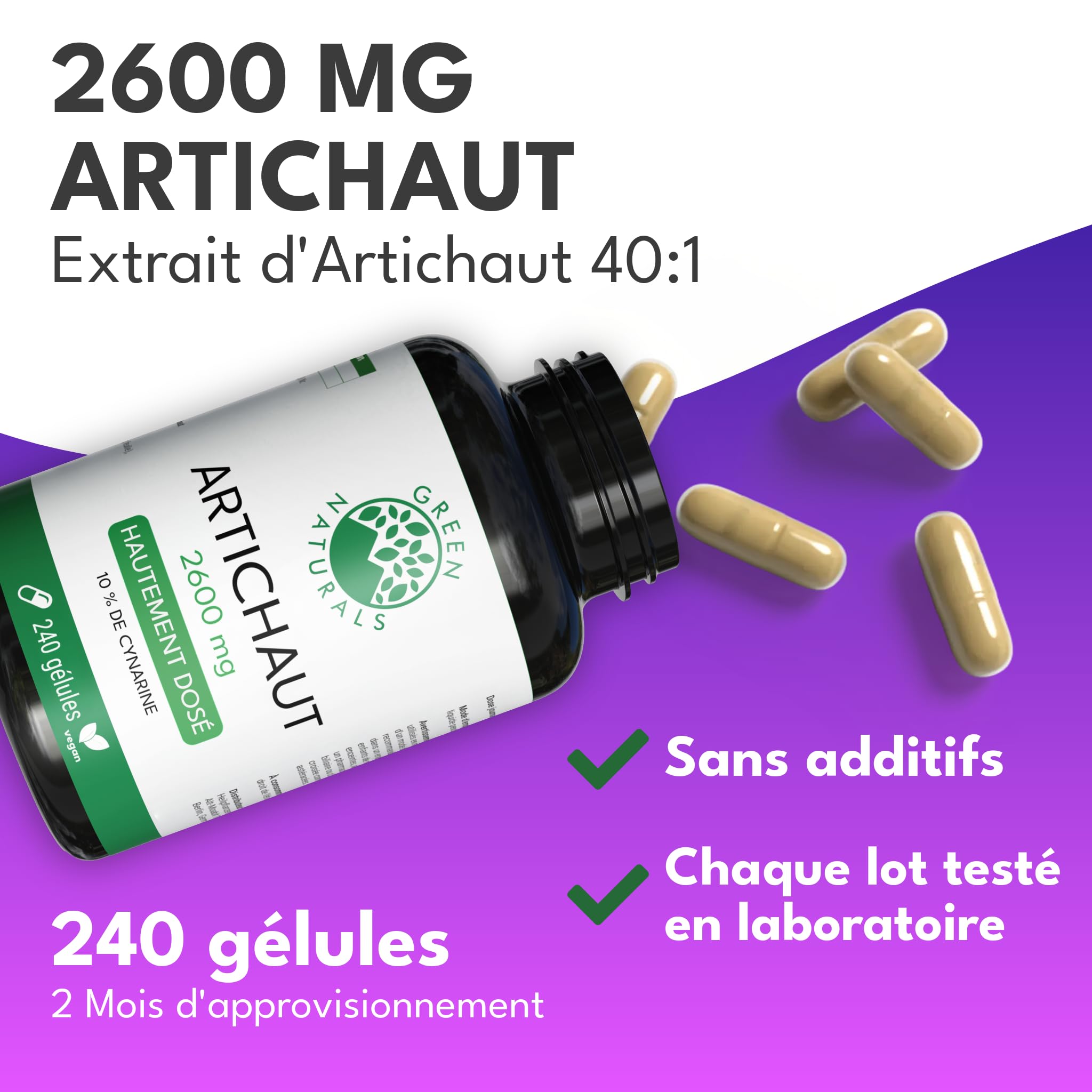 Green Naturals® Extrait d'artichaut - IMPORTANT: Extrait 40:1 (=104.000mg d'artichaut) avec 260mg de cynarine - 240 gélules