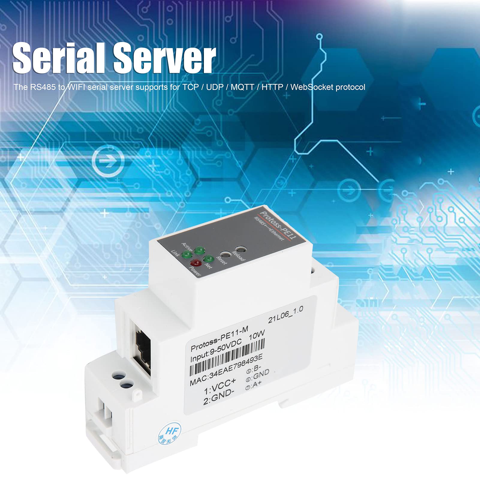 RS485 a WIFI Serial Server Montaje en riel Ethernet Módulo de red 9-50VDC 10W PE11-M
