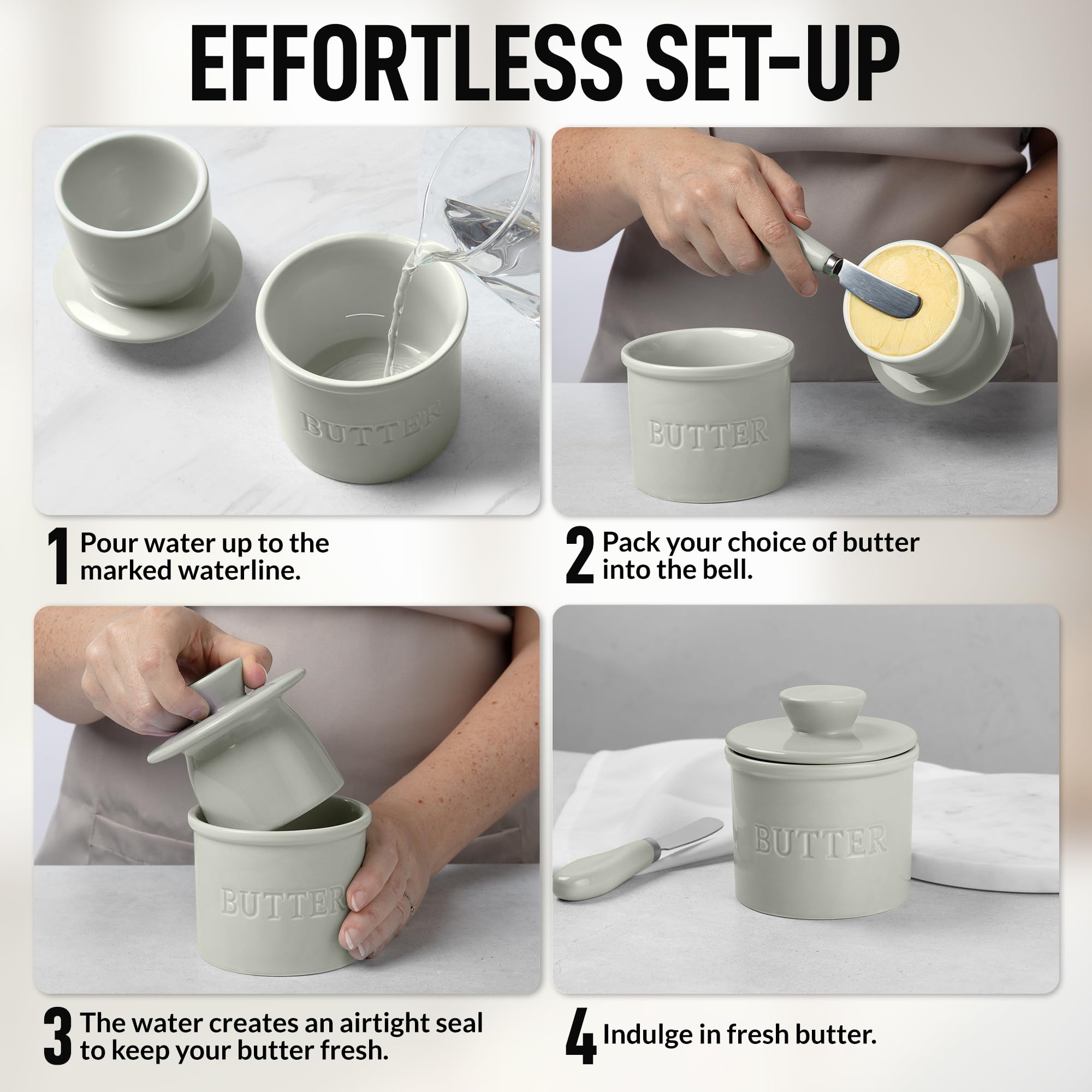 Zulay Kitchen Bell Butter Dish with Lid for Countertop with Water Line and Spreader Knife, French Ceramic Butter Dish for Fresh, Soft Spreadable Butter - Light Grey
