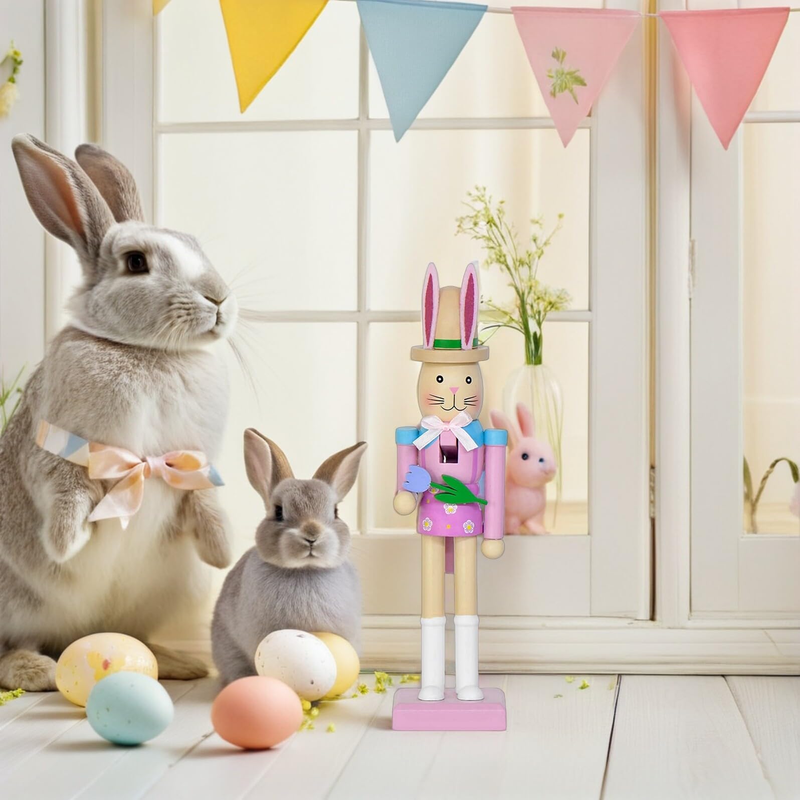 Mikikit 2 Stück Osterhasen Nussknacker aus Massivholz Stehende Hasenfigur mit Handbemalten Details Holzdeko für Ostertisch und Kaminsims
