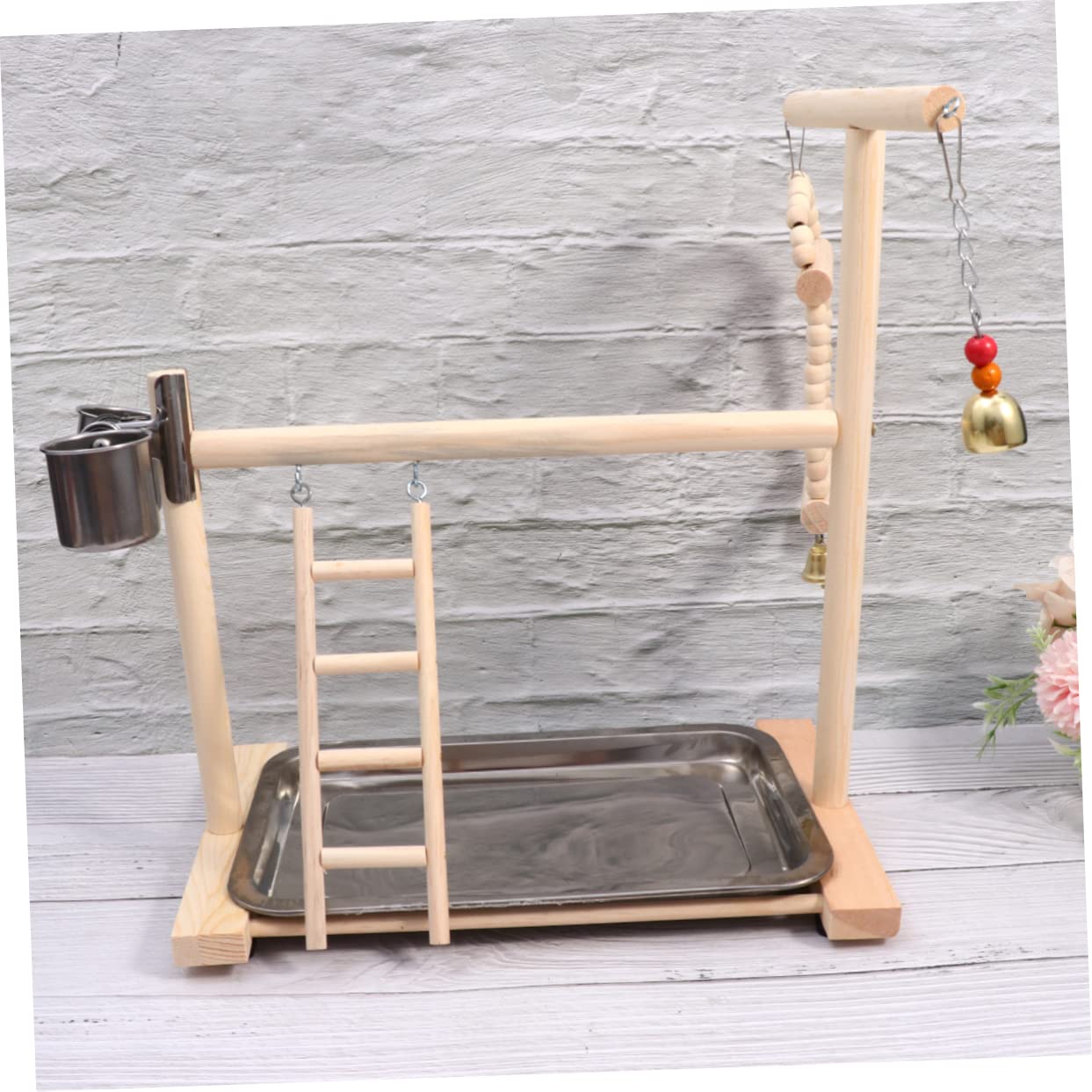 Percha para Pájaros de Madera y Acero Inoxidable Parque Columpio Escalera y Campana Juguete Colgante para Jaulas de Periquitos y Pequeños Color Aleatorio Color Aleatorio