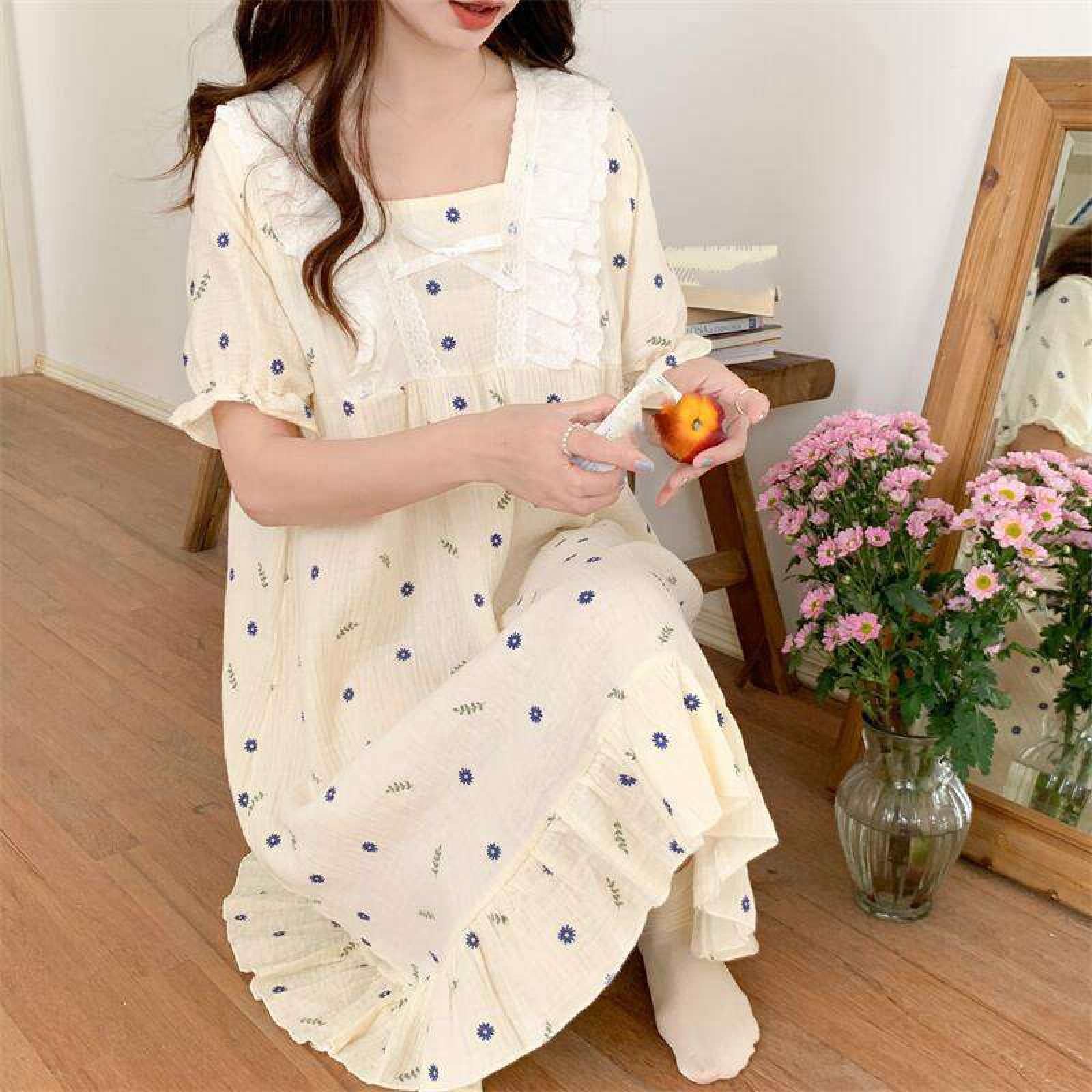 Damen-Nachthemd Aus Baumwoll-Jacquard, Loungewear – Sommer, Süßer Blumendruck, Spitze, Quadratischer Ausschnitt, Spitze, Kurzärmeliges Kleid, Schleifenknoten-Nachthemd, Homewear, Modisches Mädc