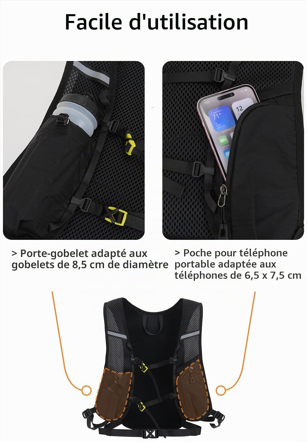 Sac à dos léger de randonnée 15L, petit sac à dos pour vélo, sac d’hydratation, adapté au speedhiking, au VTT, au ski et aux sports de plein air.
