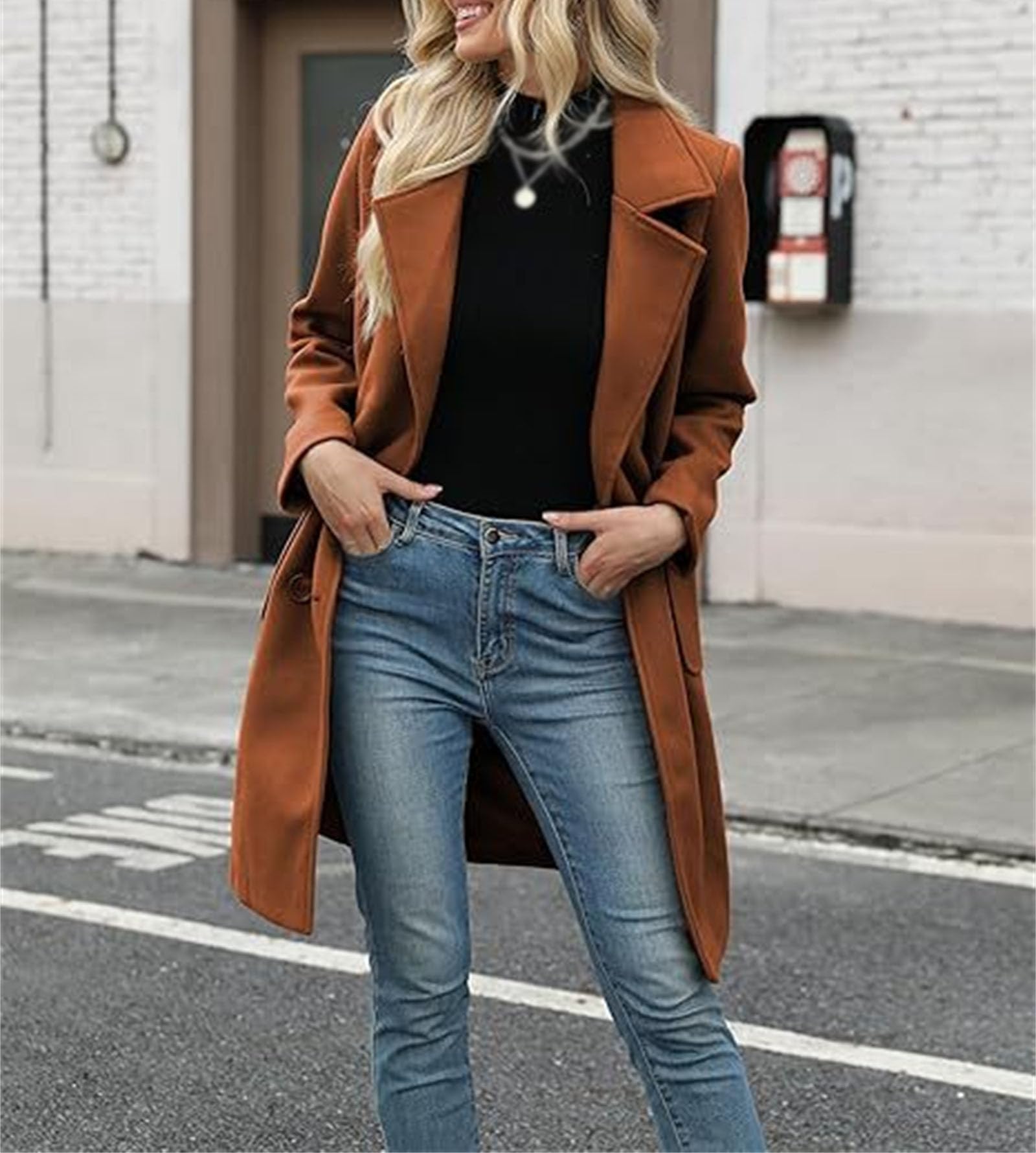 Cappotto invernale da donna in lana casual con risvolto a tacca monopetto cappotto autunnale cardigan con risvolto di media lunghezza soprabito con tasche