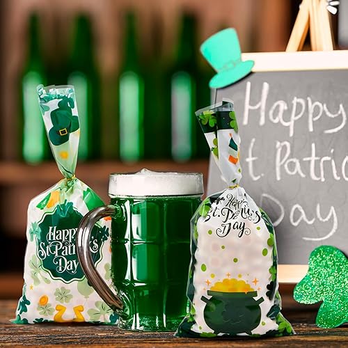 Miniatura 4 de 160 bolsas de dulces de celofán de 4 estilos para el día de San Patricio con lazos giratorios, diseños de trébol y duende, bolsas transparentes para
