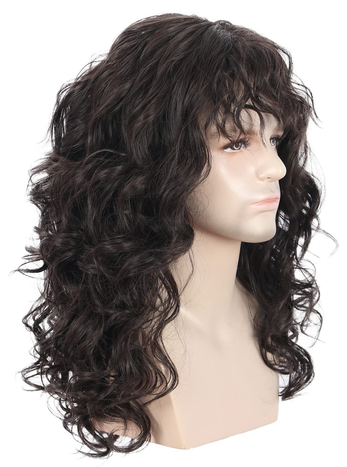 karlery Men Long Dark Brown Wavy Wig with Bandana 80s Heavy Metal | Punk Rocker Cosplay Party Wig