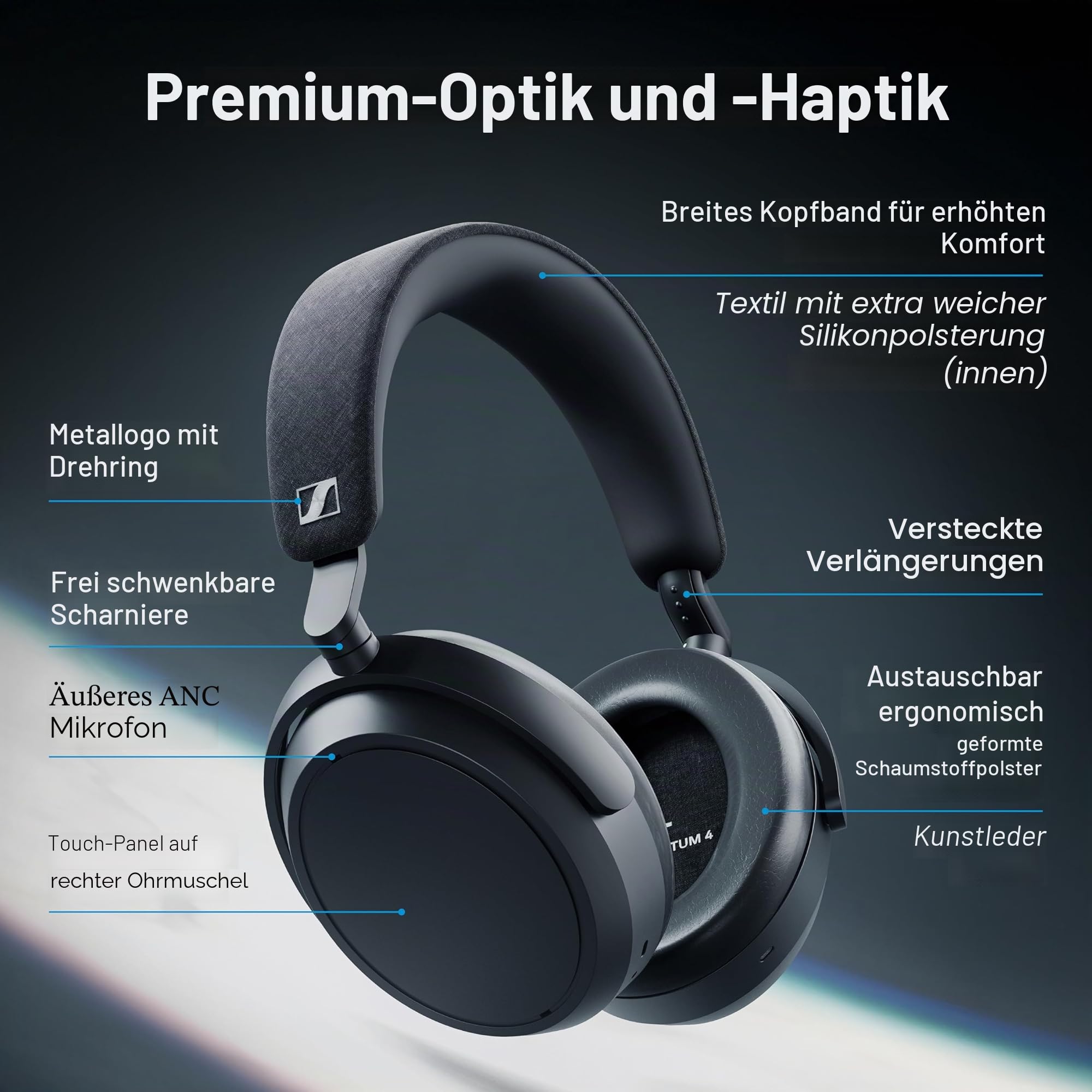Sennheiser MOMENTUM 4 Wireless Noise Cancelling Headphones – Bluetooth Kopfhörer Headset für kristallklare Anrufe mit adaptiver Geräuschunterdrückung, Over-Ear, 60 h Akku, faltbar, Graphit