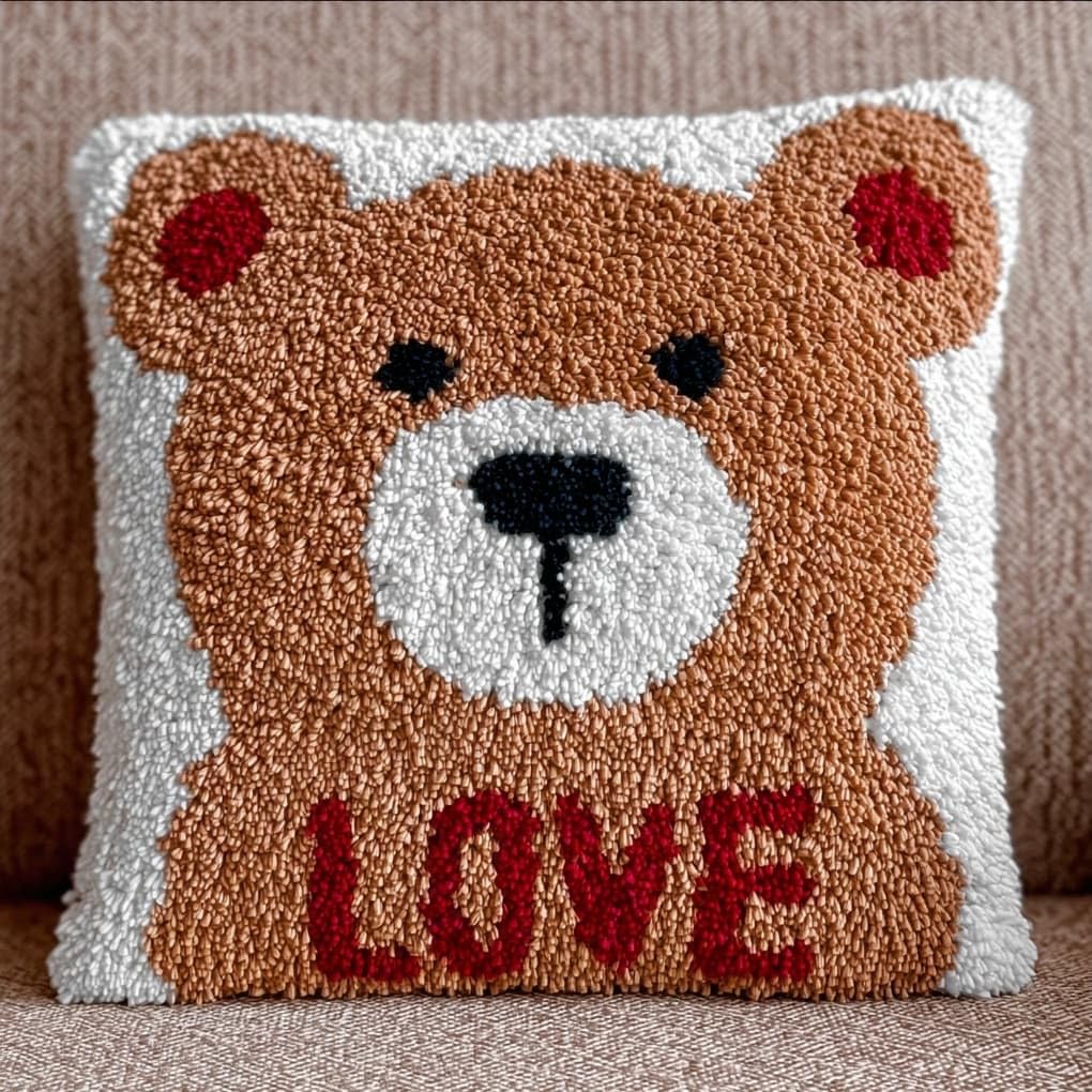 WallustrioaW Latch Hook Kits Pillow for Adults,Heart-Shaped Bear