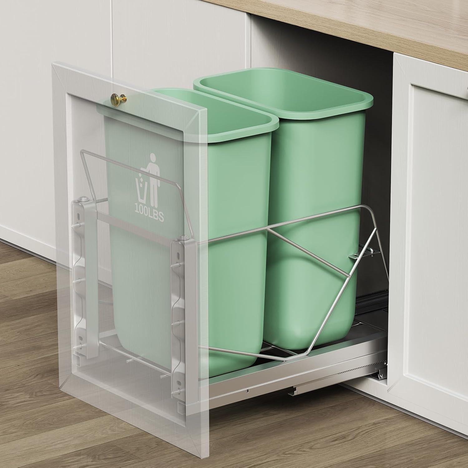 Dual Pull Out Trash Can Under Cabinet, Door Mount & Pull Handle Twin-Mode, Pull-Out Garbage Holder, Under Sink Pull-up Kit with Soft-Close Slides, for Kitchen, Sink, Drawer(Bin Not Included) Silver dual