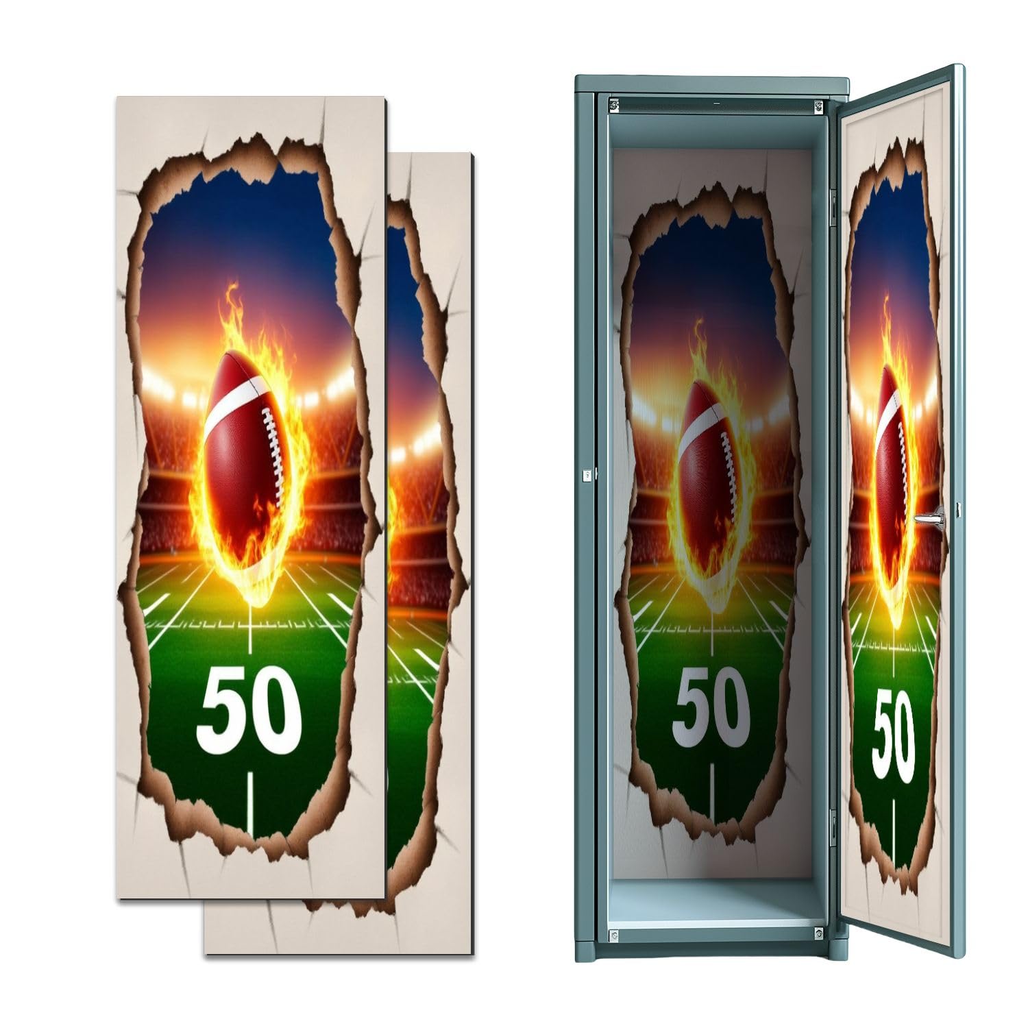 2 Pcs Locker Magnetic Wallpaper 3D Rugby Football Break Wall Sport Boys Flame Stadium Number 12" x 36" Wall Magnetic Sticker Removable Locker Accessories Decor Easy Install for Office School