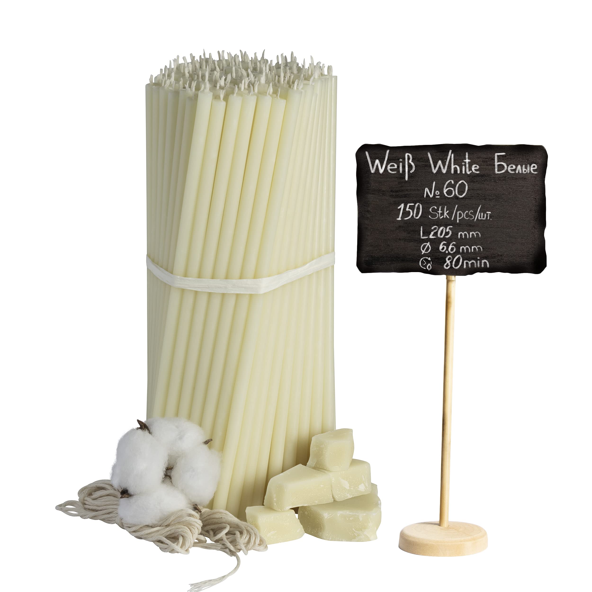 Velas blancas de cera de abeja №60, 150 unidades, L: 20,5 cm