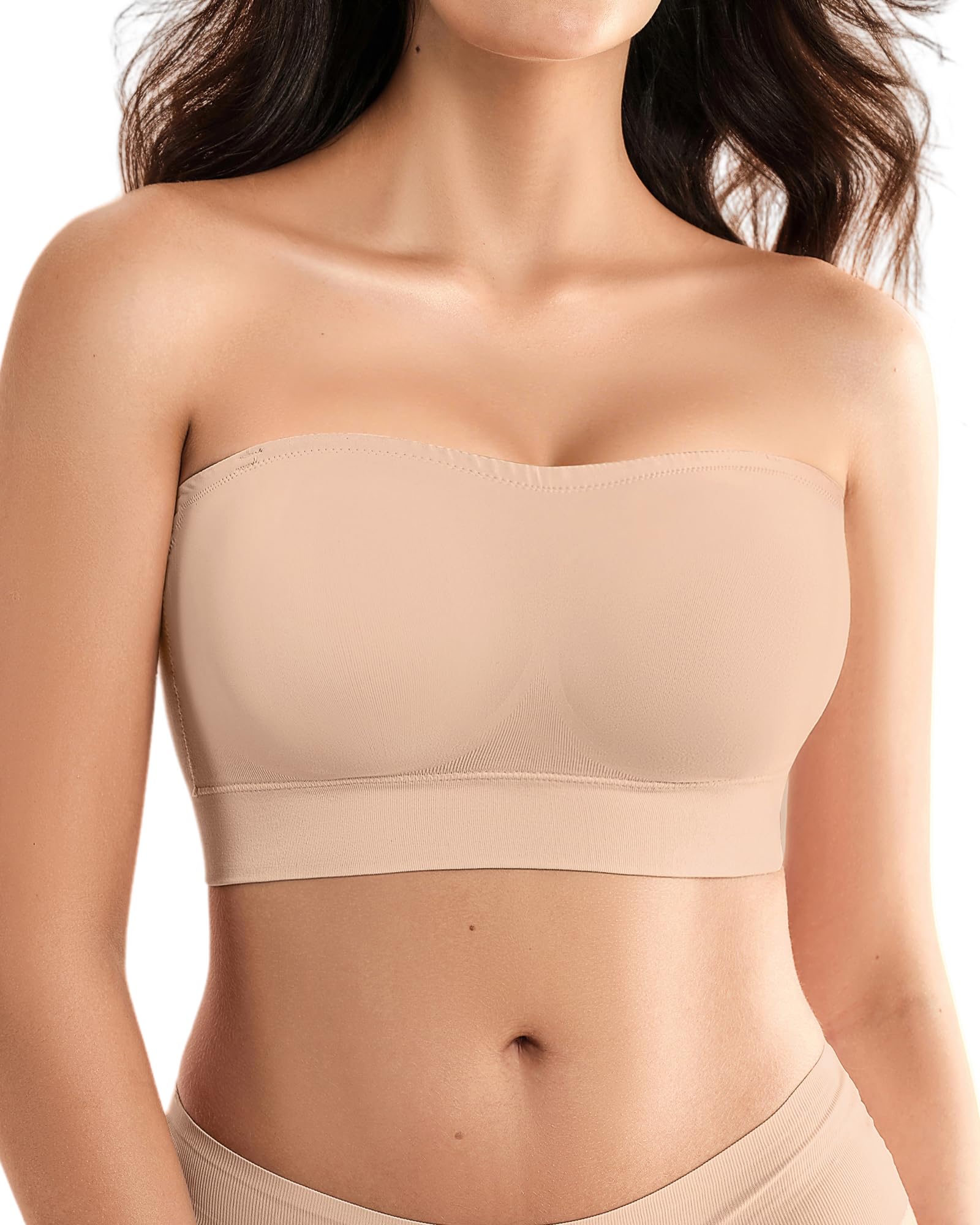 SHARICCA Trägerloser BH Damen ohne Bügel 2026– Nahtloser Push-Up Bandeau BH mit rutschfestem Silikon – Strapless Bra als Bralette & Tube Top – Gepolsterter Bügelloser BH für Damen,Hautfarben,XS