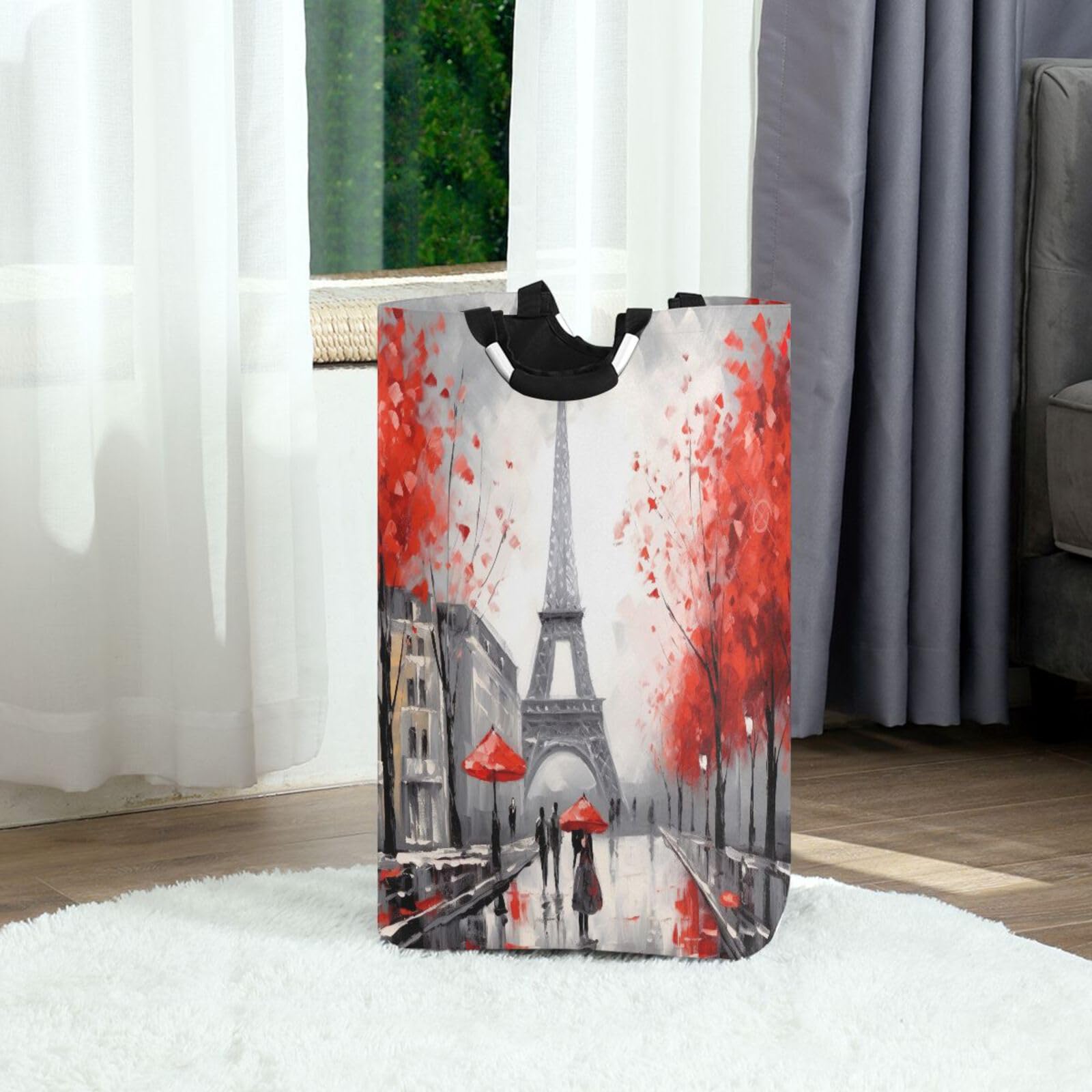 Jihqo Laundry Hamper Basket Eiffel Tower Red Trees Collapsible Nursery Storage Bin Waterproof Clothing Baskets for Home Bedroom Bathroom Washing Room