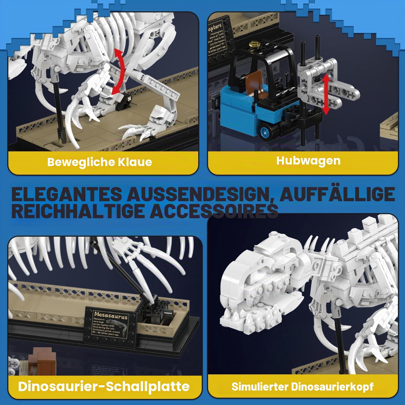 Mould King 29005 Klemmbausteine Dinosaurier Skelett Bausatz Velociraptor Mosasaurus Tier Fossilien Bausteine Set Mit Sockel Sammlerstücke Geschenke Für Erwachsene (1418 Teile)