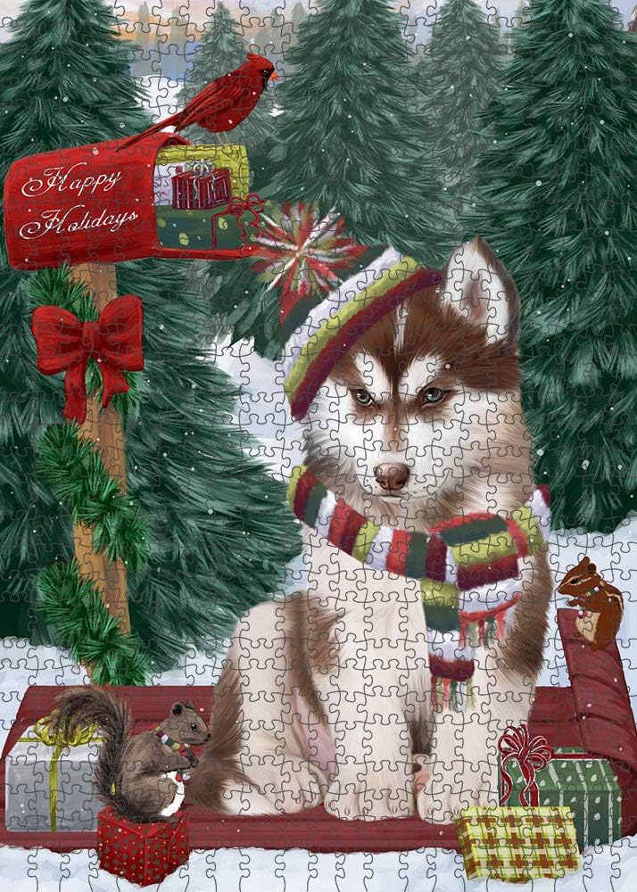 Merry Christmas Woodland Sled Siberian Husky Dog Jigsaw Puzzle for Adults - Animal Printed Interlocking Puzzle Game Artwork - Gift for Dog Lover's -1000 Pcs 29.5"x19.7", PZLE61072