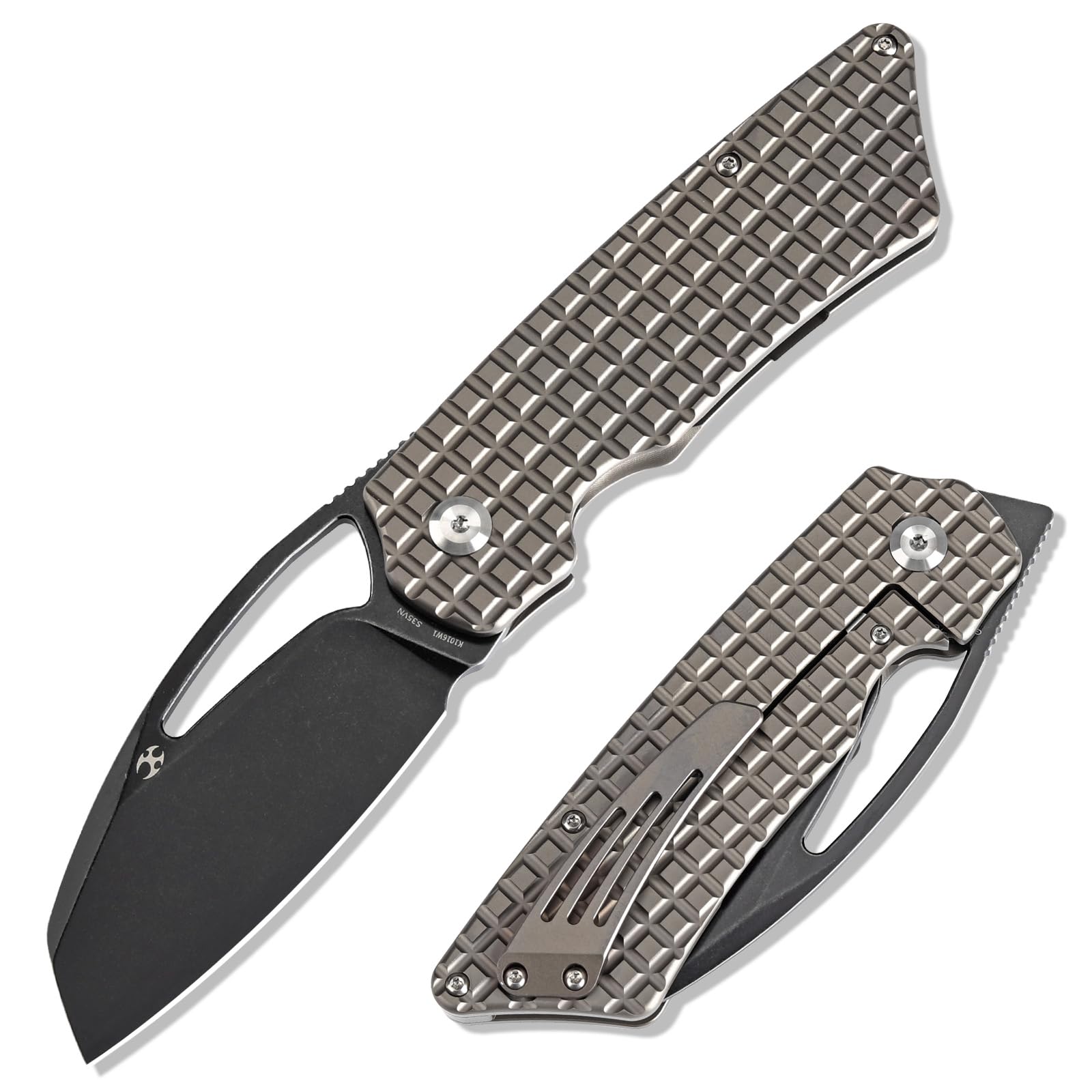 KANSEPT Knives Goblin XL Pocket Knife for Men 3.5'' Blackwash CPM 20CV Cleaver Blade,JBronzed Anodized Titanium with Frag Pattern Handle,EDC Folding Knife with Front Flipper K1016W1