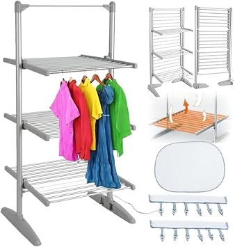 3-Tier Heated Clothes Airer- Mesh Pad/2 Hanging Clips |300w Aluminium Portable Folding Electric Dryer|Hanging Rods&Floor-Standing Clothes,Load 30kg/Space Saving,Silver