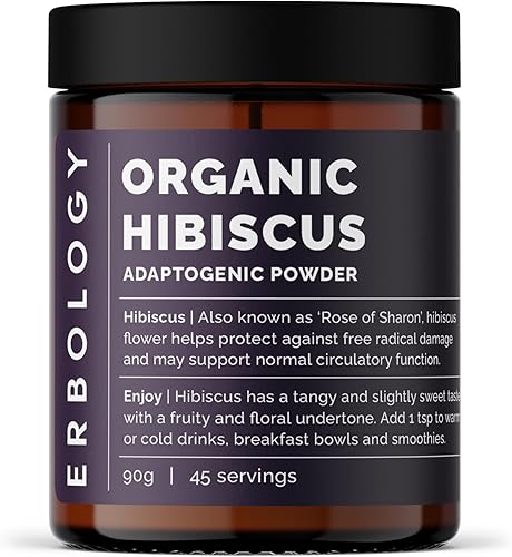 Erbology Hibisco orgánico en polvo de 3.2 onzas, 45 porciones, Destress - De origen sostenible directamente de la granja en la India - Lote pequeño