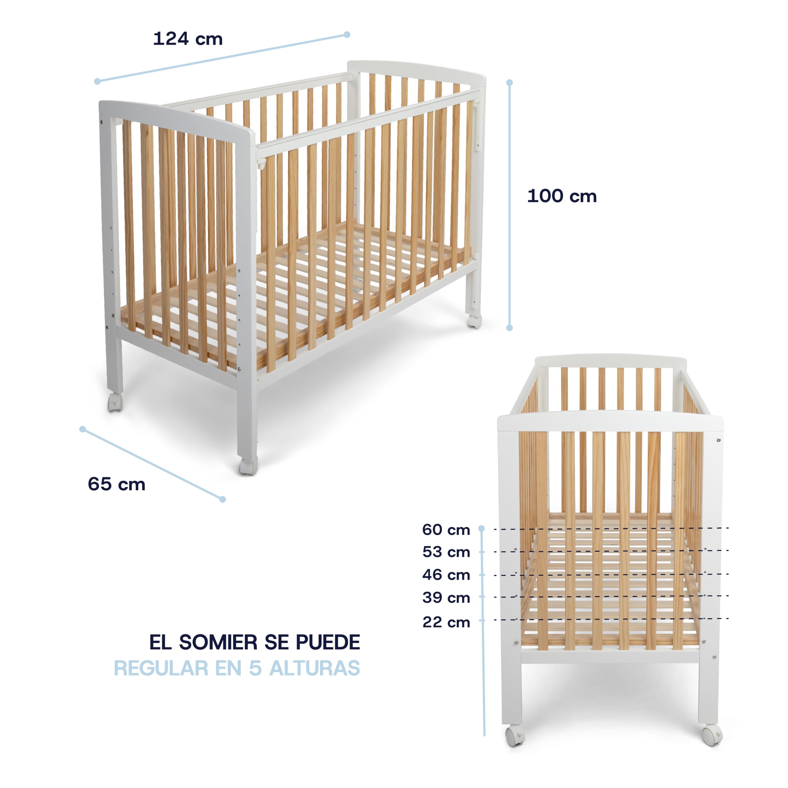 TORAL Cuna Bebe Madera Natural y Blanca - Cuna Colecho Bebe Modelo Verona - Varias Posiciones Lateral Deslizante y 5 Posiciones Somier - con Ruedas de Seguridad con Freno y Mordedor para Barandilla. — view 6