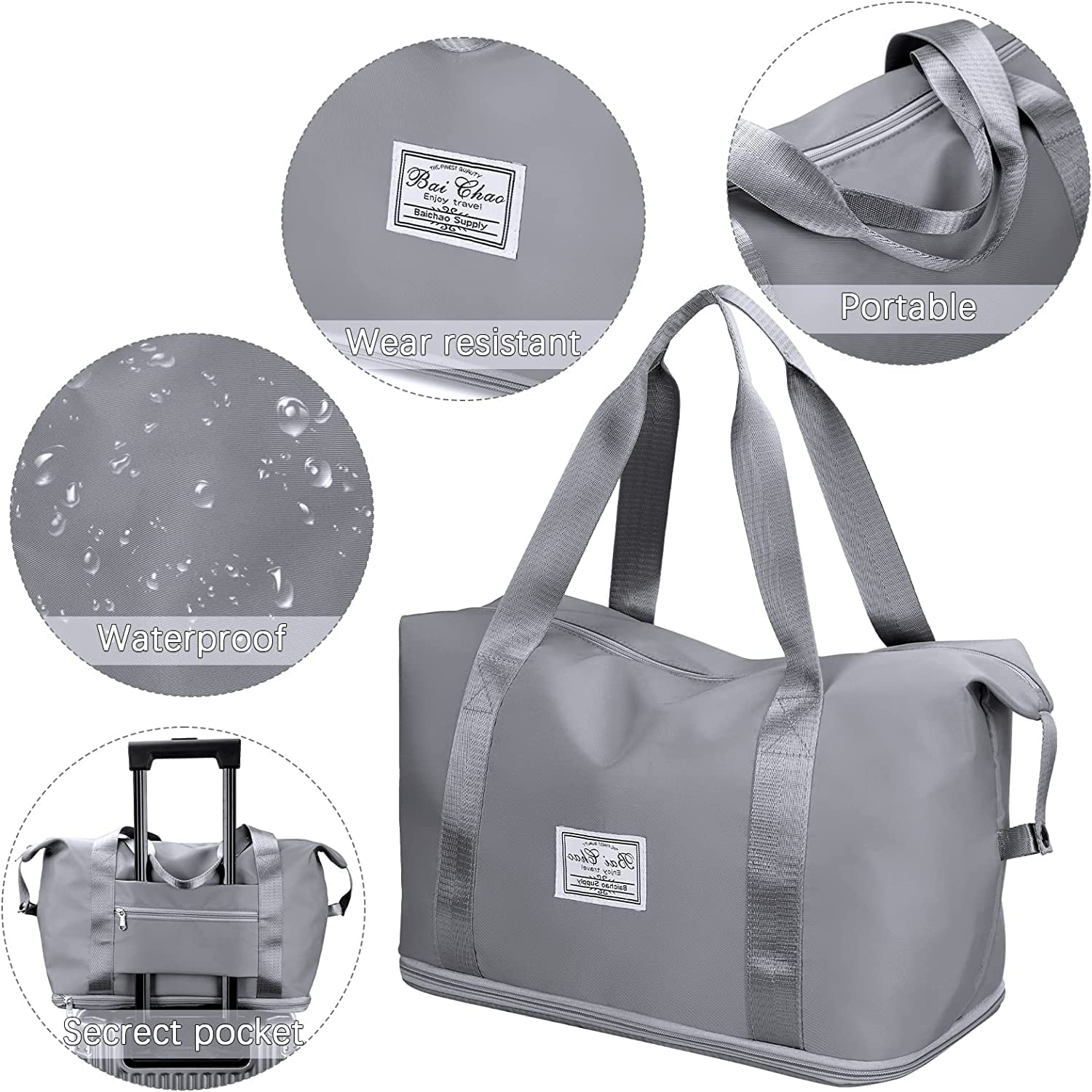 Bolsa de viaje plegable de gran capacidad, ligera, impermeable, bolsa de equipaje de viaje, bolsa de viaje para mujeres y hombres, Gris, Equipaje