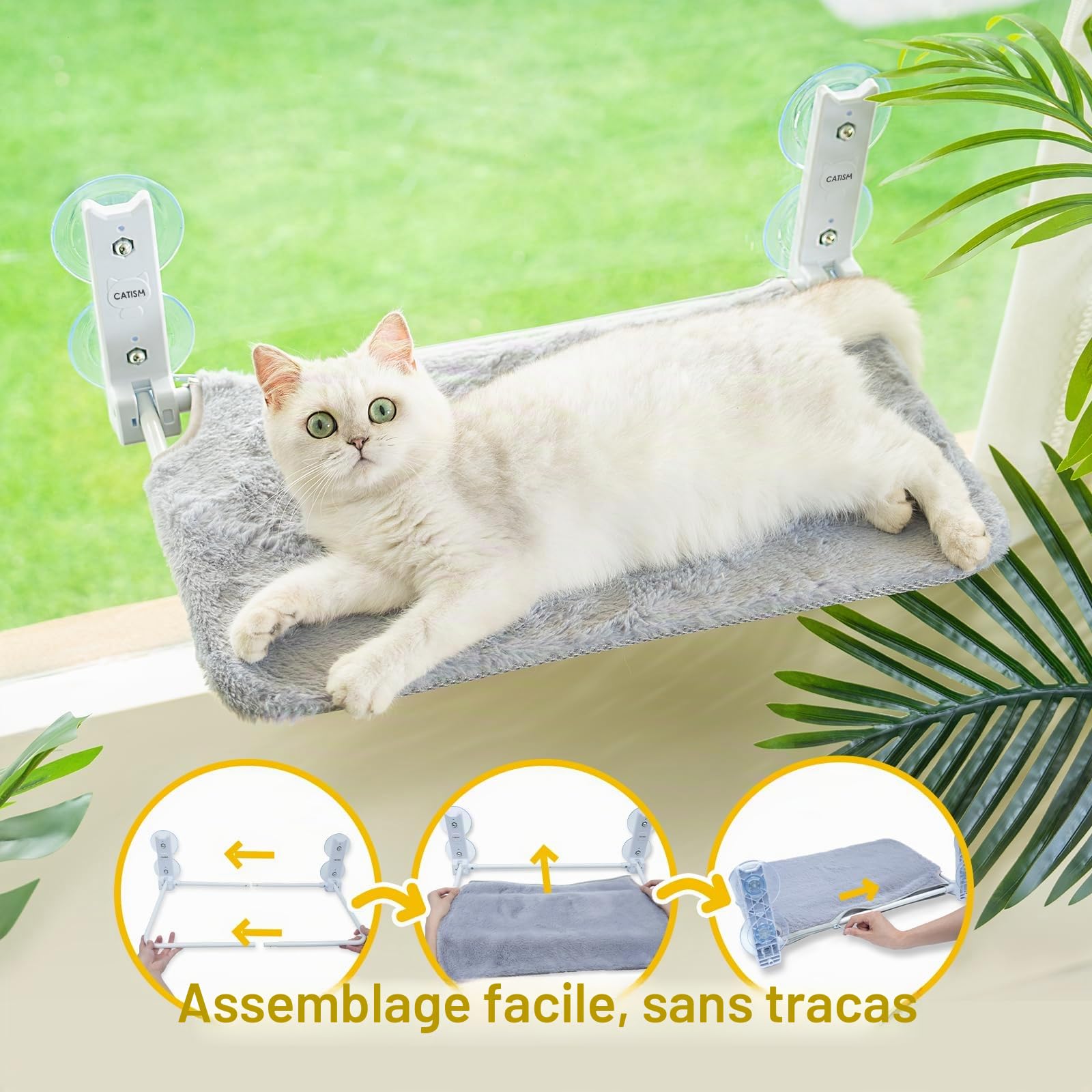 CATISM Pliable Hamac Chat Fenetre Jusqu'à 20kg, Hamac pour Chat Renforcé avec Ventouse Puissante, Coussin en Tissu Double Face, Sac de Couchage pour Chats (52 x 30), Gris