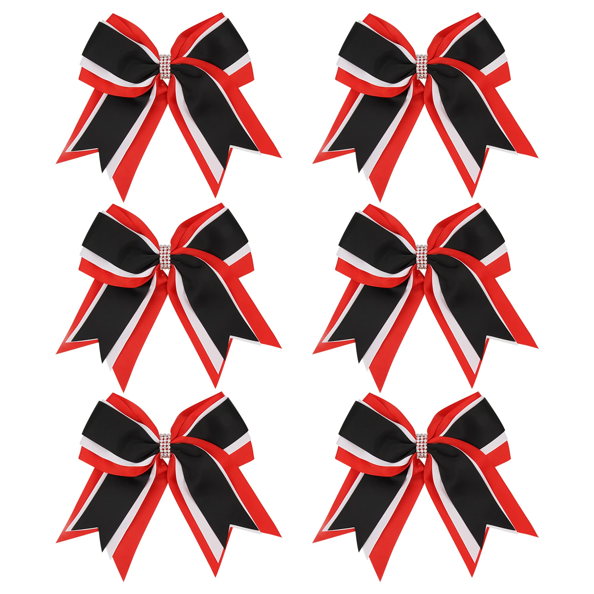 8 Inch 3 Colors 3 Layers 6 Pcs Cheerleader Bows Jumbo Cheerleading Bows Hair Elastic Hair Tie for High School College (Red/White/Black)
