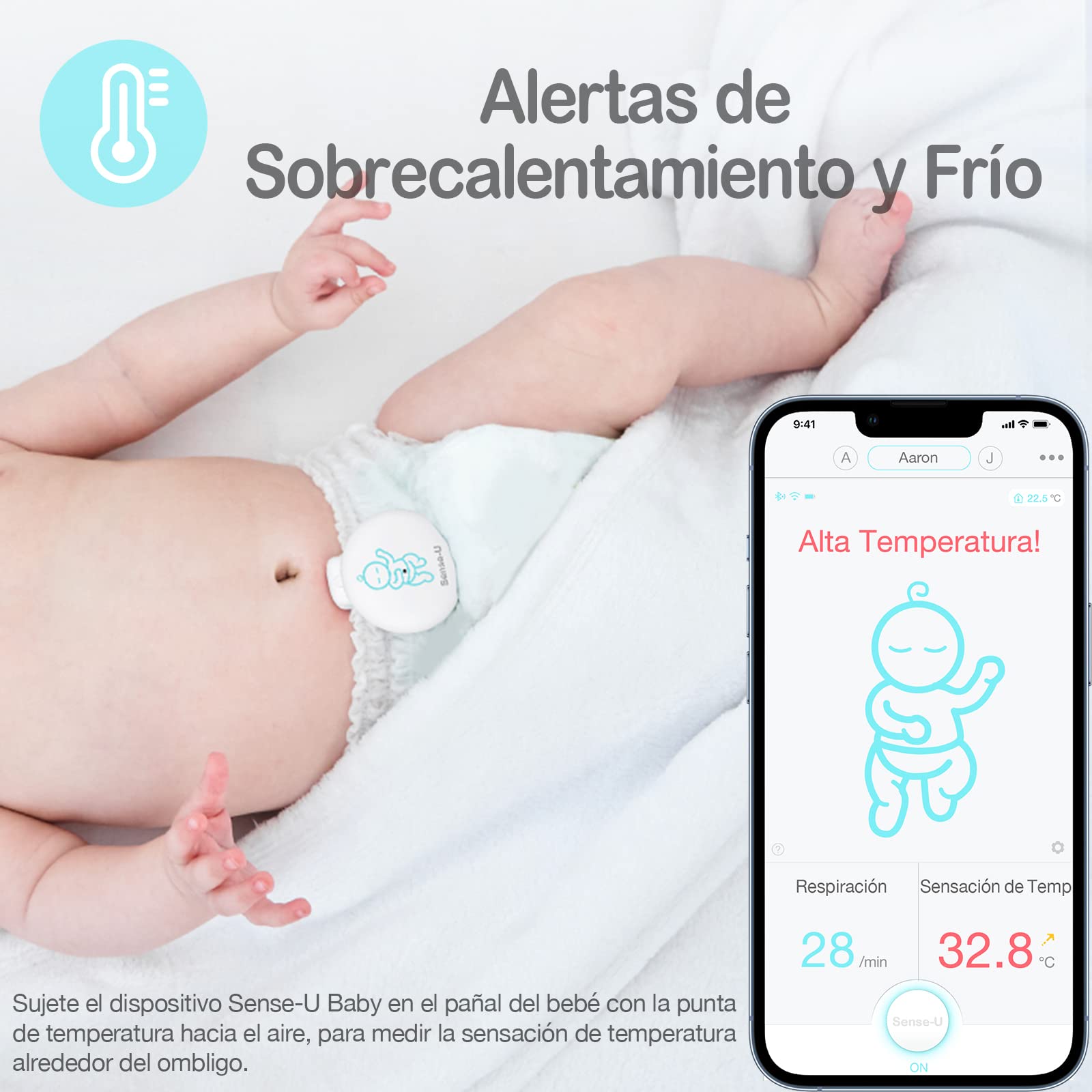 Sense-U Sensores de Monitor de bebé 3: realiza un Seguimiento del Movimiento Abdominal, la sensación de Temperatura, el Giro y la posición para Dormir de su bebé en los teléfonos Inteligentes(Rosa)