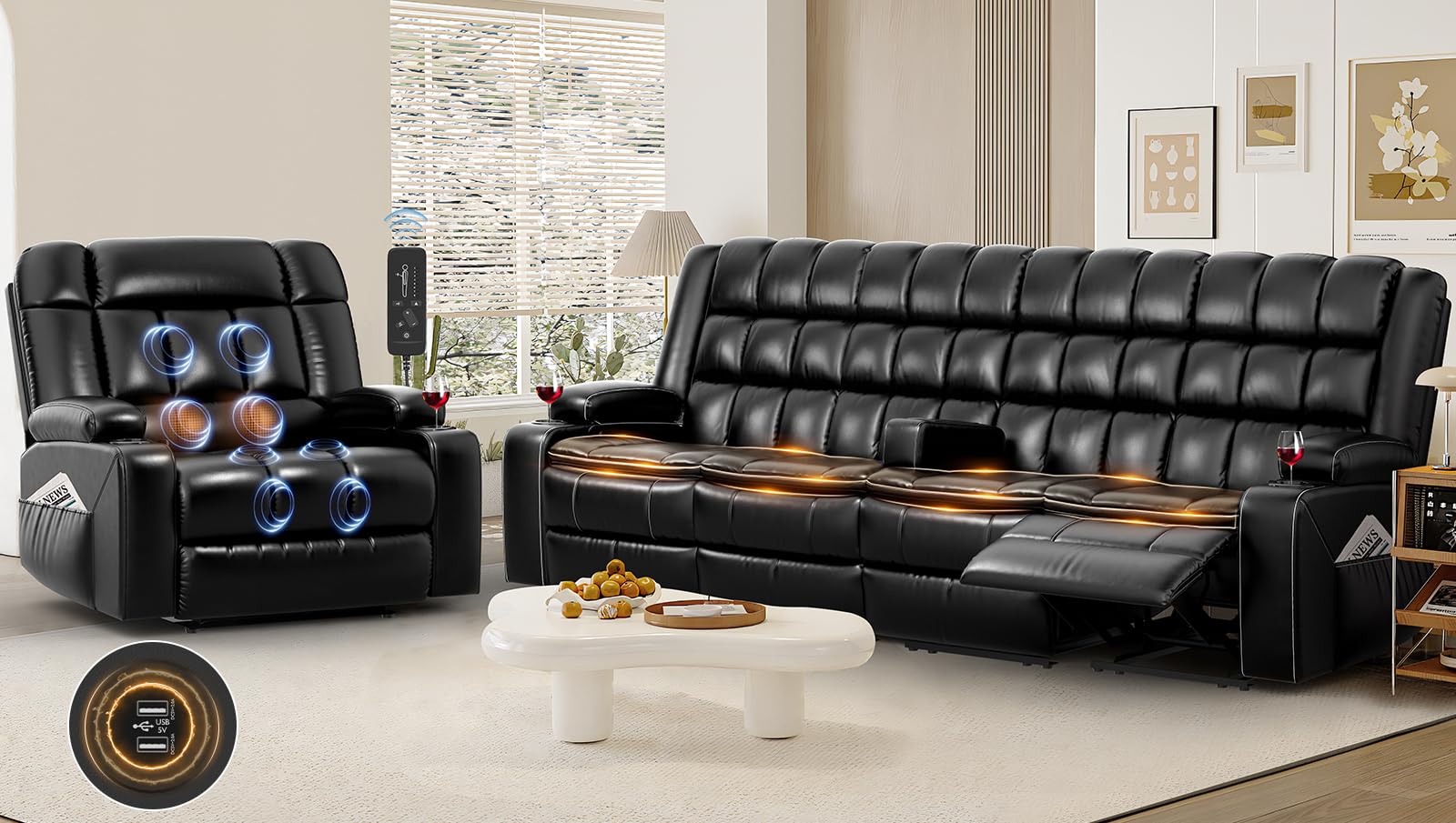 Recliner Sofa, Reclining Sofa 4 Seater Couch, Recliner Couch with Removable Console USB, 1 Relincer Chairs, Reclining PU Leather Sofas 2 Layers Cushion with Cup Holder for RV & Motorhome & Campers