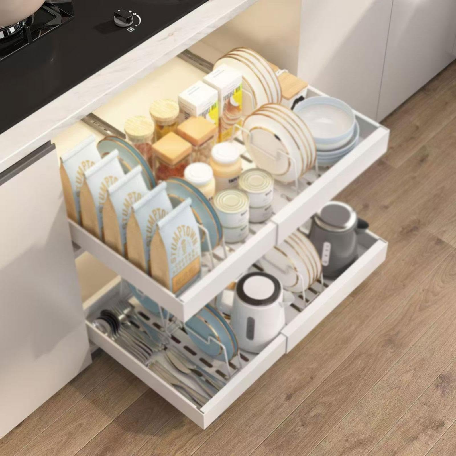 Organizzatore Modulare Scorrevole per Armadio, Espandibile, Cassetto Sottolavello, Porta Spezie Estraibile, Scatola Portaoggetti in Acciaio al, Bianco