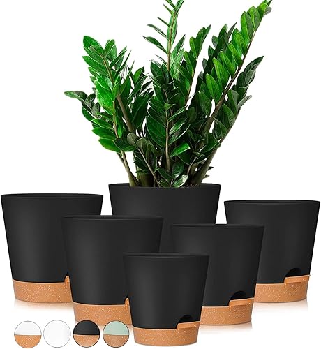 Oradrem Paquete de 6 macetas de riego automático de 87656555 pulgadas pequeñas macetas de plástico con depósito de platillo para flores de interior