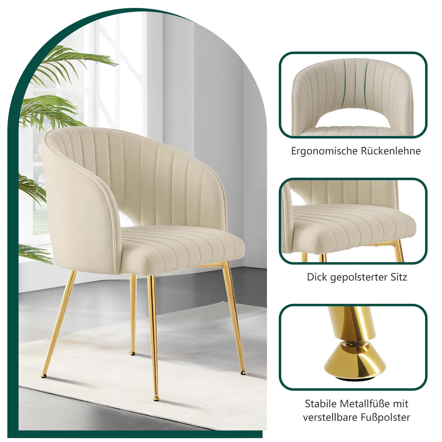 Set di 4 sedie da pranzo in velluto con gambe imbottite e gambe color crema bianco, sedie da cucina moderne per soggiorno, camera da letto, ufficio