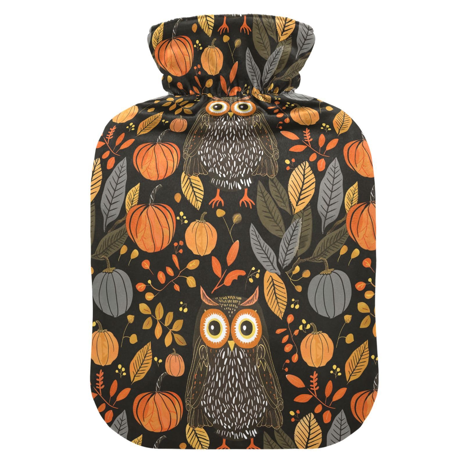 YNNALE Fall Harvest Owl Pumpkin Farmhouse Fall Hot Water Bottle with Cover, 2Liter Soft Velvet Winter Warm Water Bag for Neck and Shoulder Pain Relief Period Cramps Bed Hand Feet Warmer