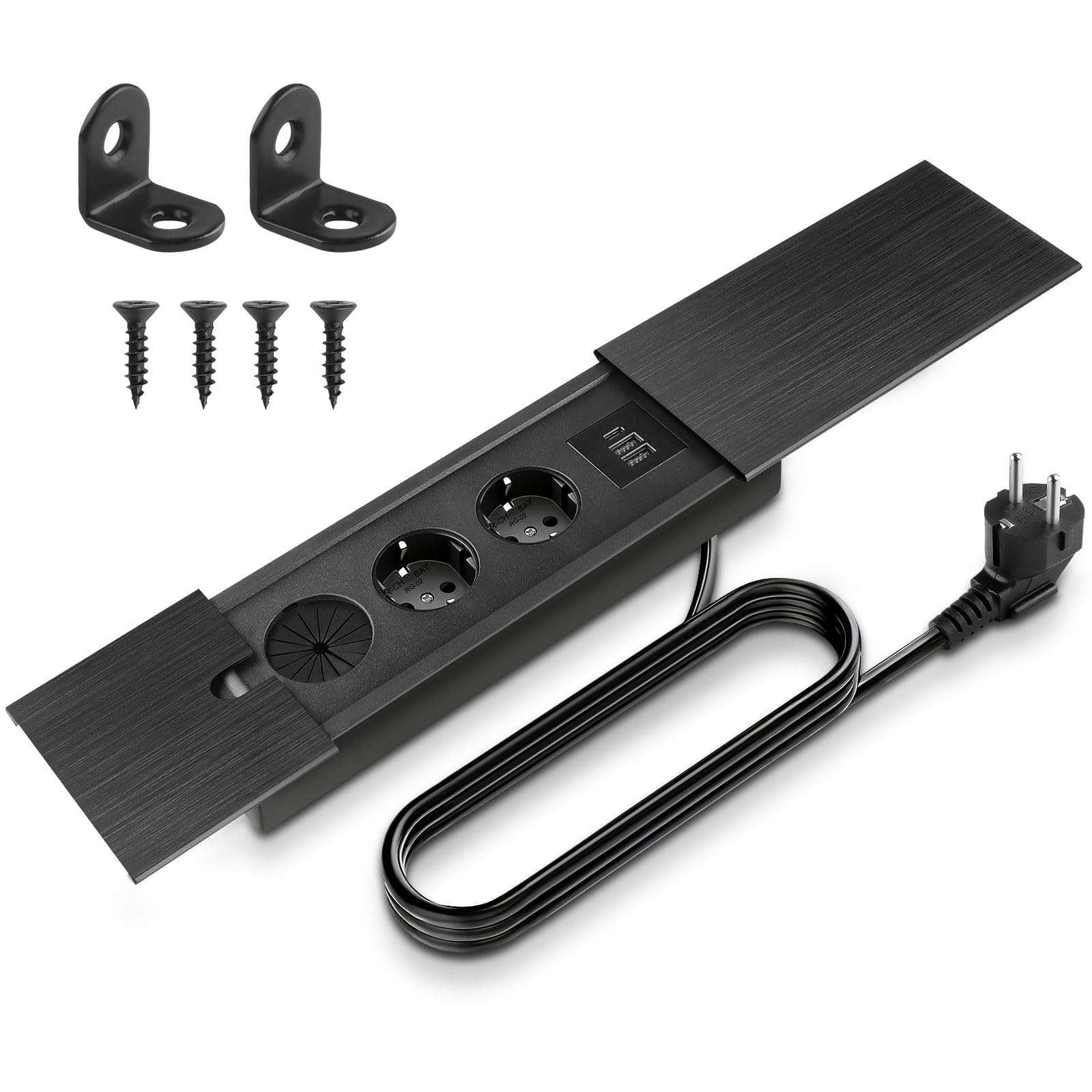 Ciabatta elettrica da incasso a scomparsa, 2 scomparti con USB C | e coperchio scorrevole, presa da tavolo, presa a scomparsa, per scrivania, cucina, ufficio, tavolo da conferenza