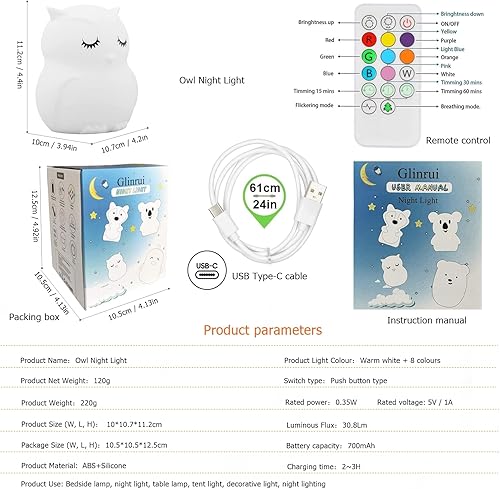 Miniatura 7 de Lámpara de noche de búho para bebé, lámpara de noche de silicona para lactancia materna, luces de estado de ánimo, cuidado de los ojos, brillo y