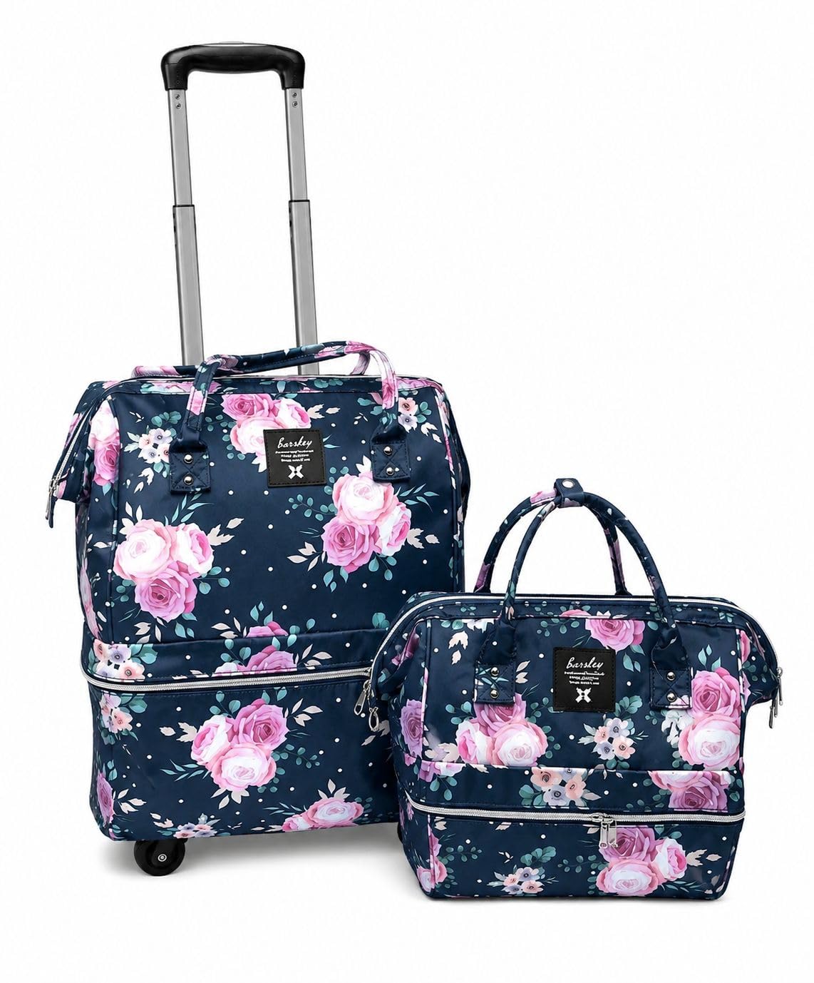 2 Piece Rolling Travel Bag Set with Wheels & Matching Carry On Handbag, Large Capacity Expandable Duffel Luggage, Lightweight Trolley Bag_(Pink Flower)-image-16