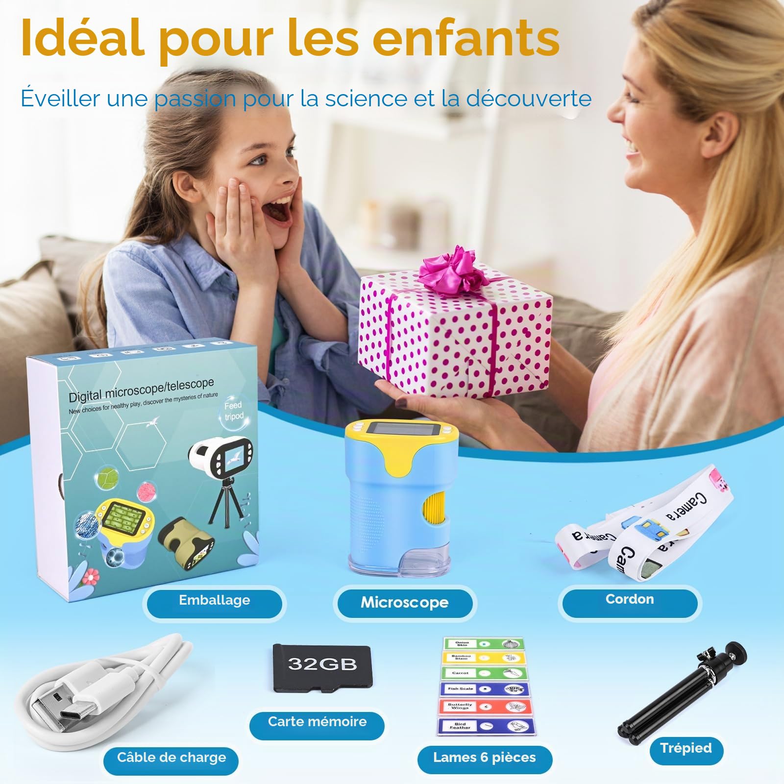 Microscope pour Enfants, Vankarr 1000X Mini Microscope numérique de Poche Portable avec Carte SD 32 Go, écran IPS 2 Pouces, échantillons, Cadeau pour Enfants et étudiants, Bleu