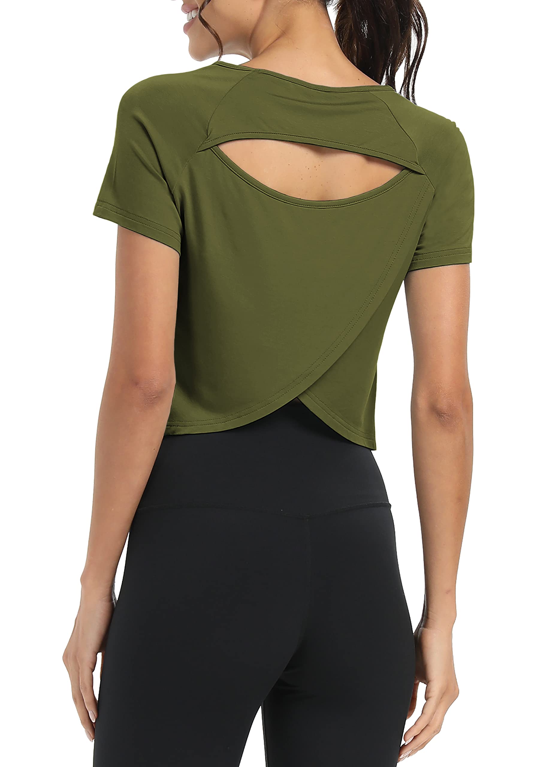 Bestisun Women Short Sleeve Cross Back Workout Crop Tops Backless Yoga Athletic Gym Shirts