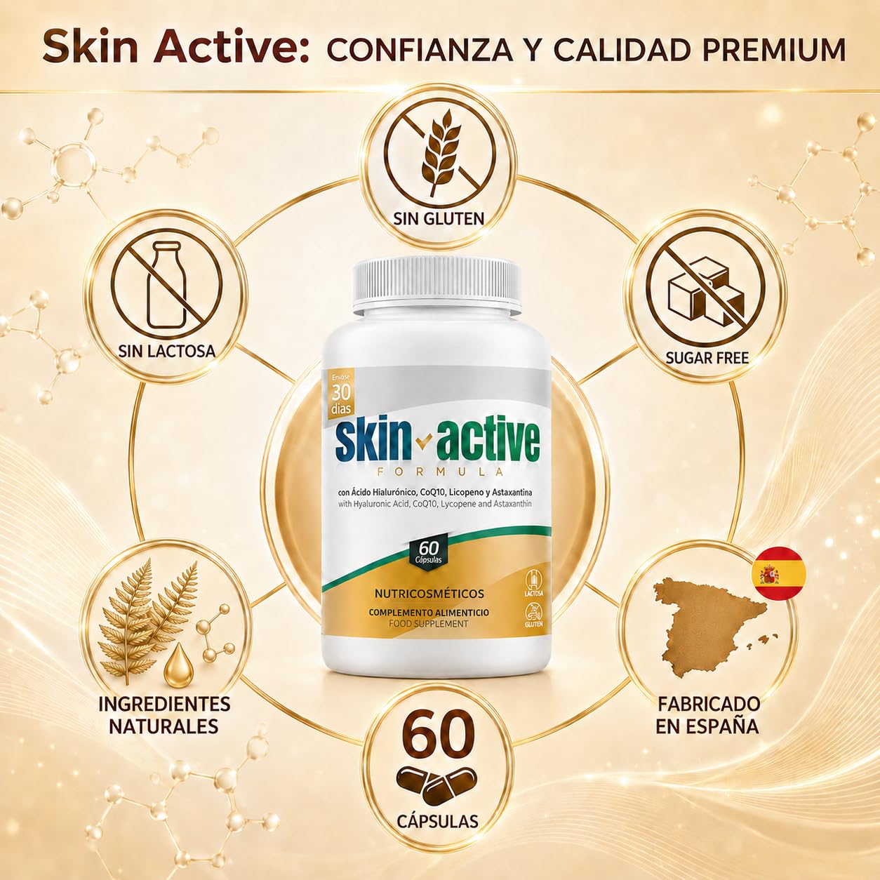 SKIN ACTIVE Suplemento para Piel Joven y Radiante, Antiedad con Colágeno Marino, Ácido Hialurónico, CoQ10, Biotina, Zinc y Vitamina C – Nutricosmetico – Hidratada y Reafirmara – 60 Cápsulas