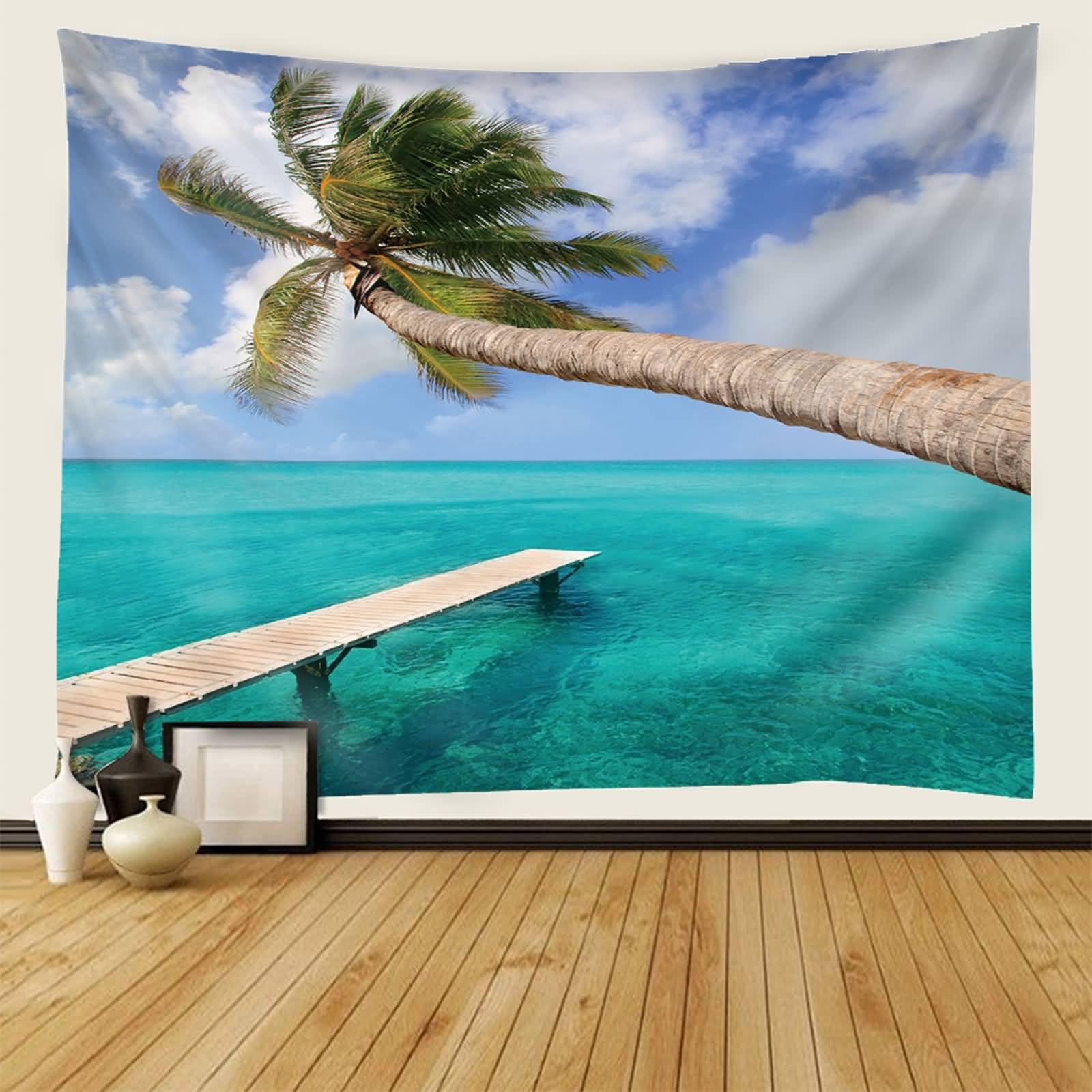 Landschaft Tapisserie Wandbehang | Polyester Kokosnussbaum mit Meerblick Wandbehang Dekoration für Wohnzimmer Schlafzimmer & Schlafsaal | Blau Grün, 350x256cm