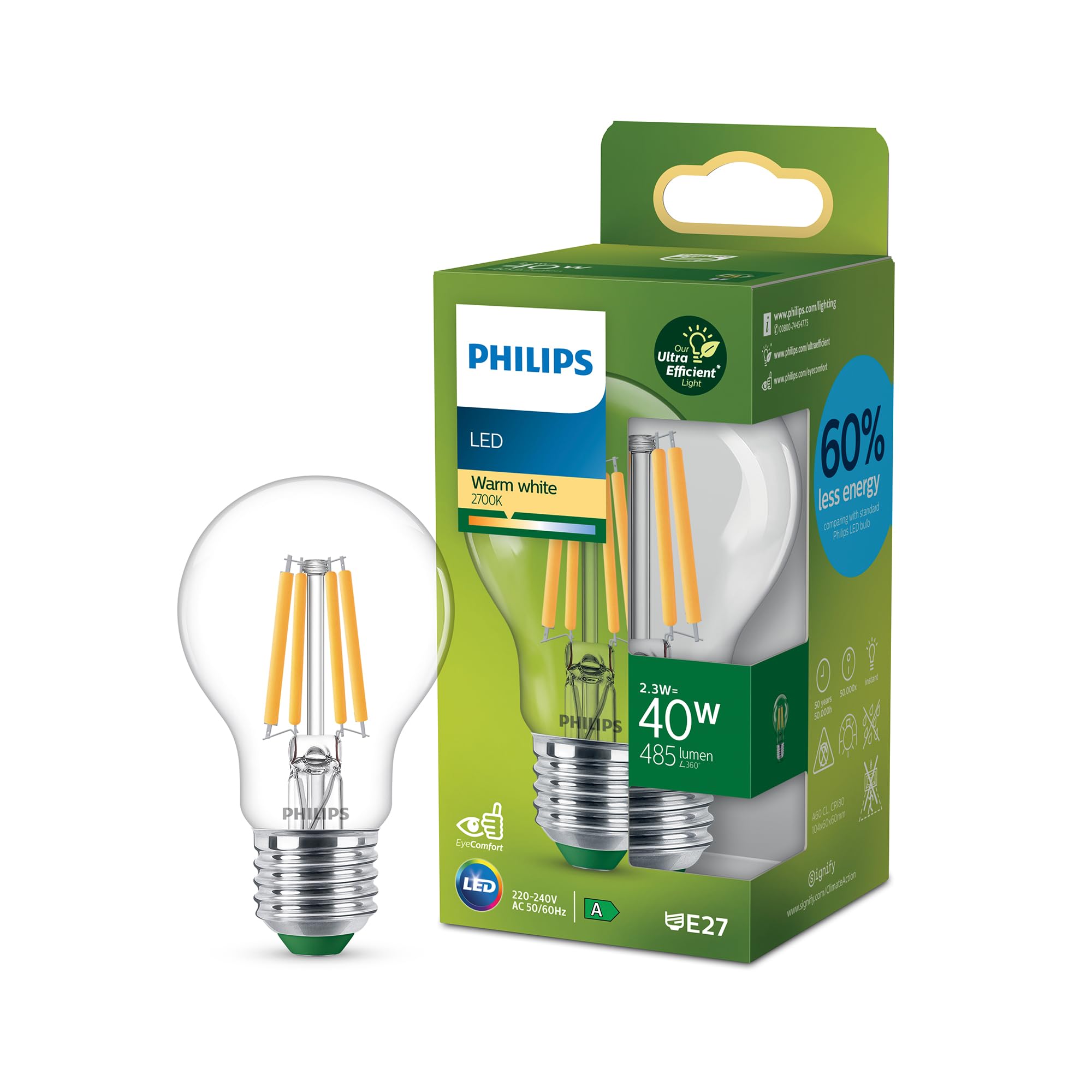 Philips E27 Led Bulb A60 2.3W 485Lm 2,700K Clear